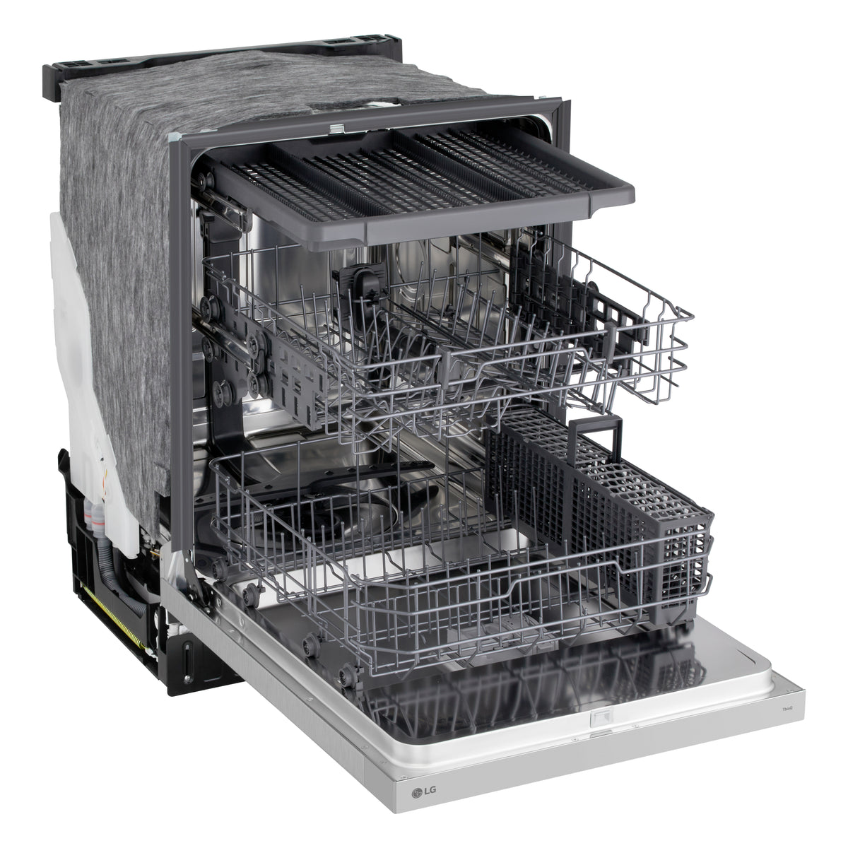 LG Stainless Steel FlushFit Dishwasher with 3rd rack, upper rack and lower rack extended for loading