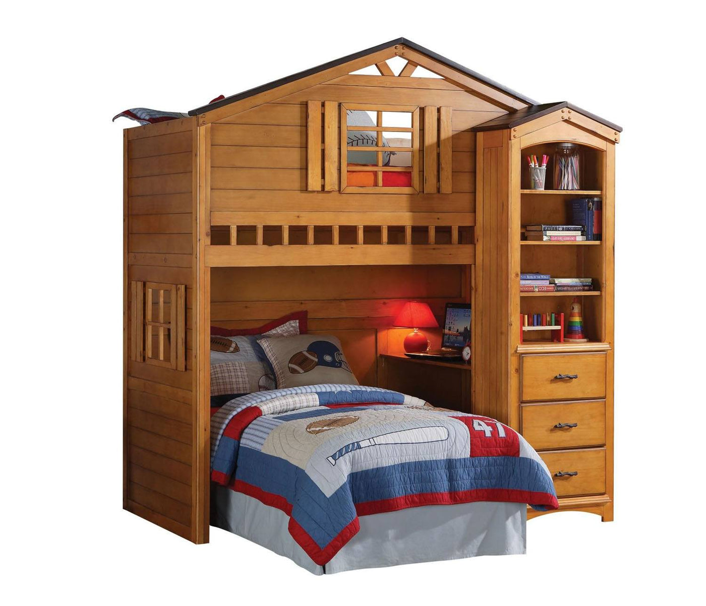 Djalu Twin Tree House Loft Bed with Bookcase - Rustic Oak