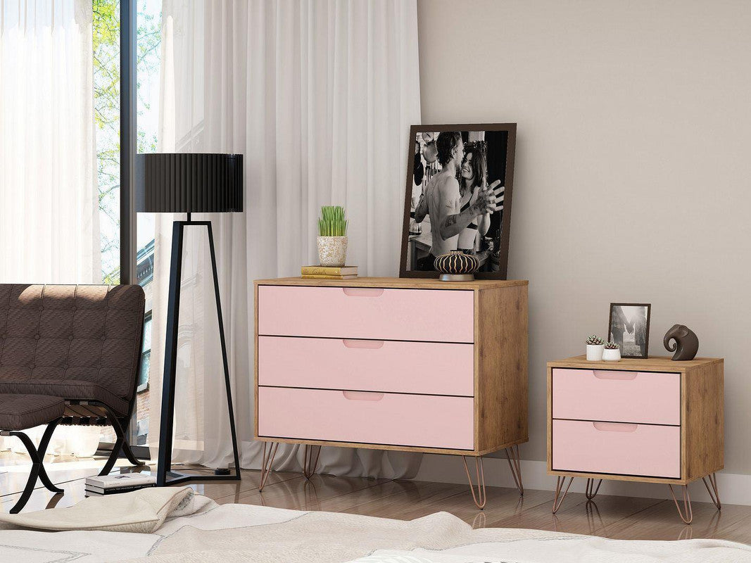 Nuuk 3-Drawer Dresser and Night Table Set - Nature/Rose Pink