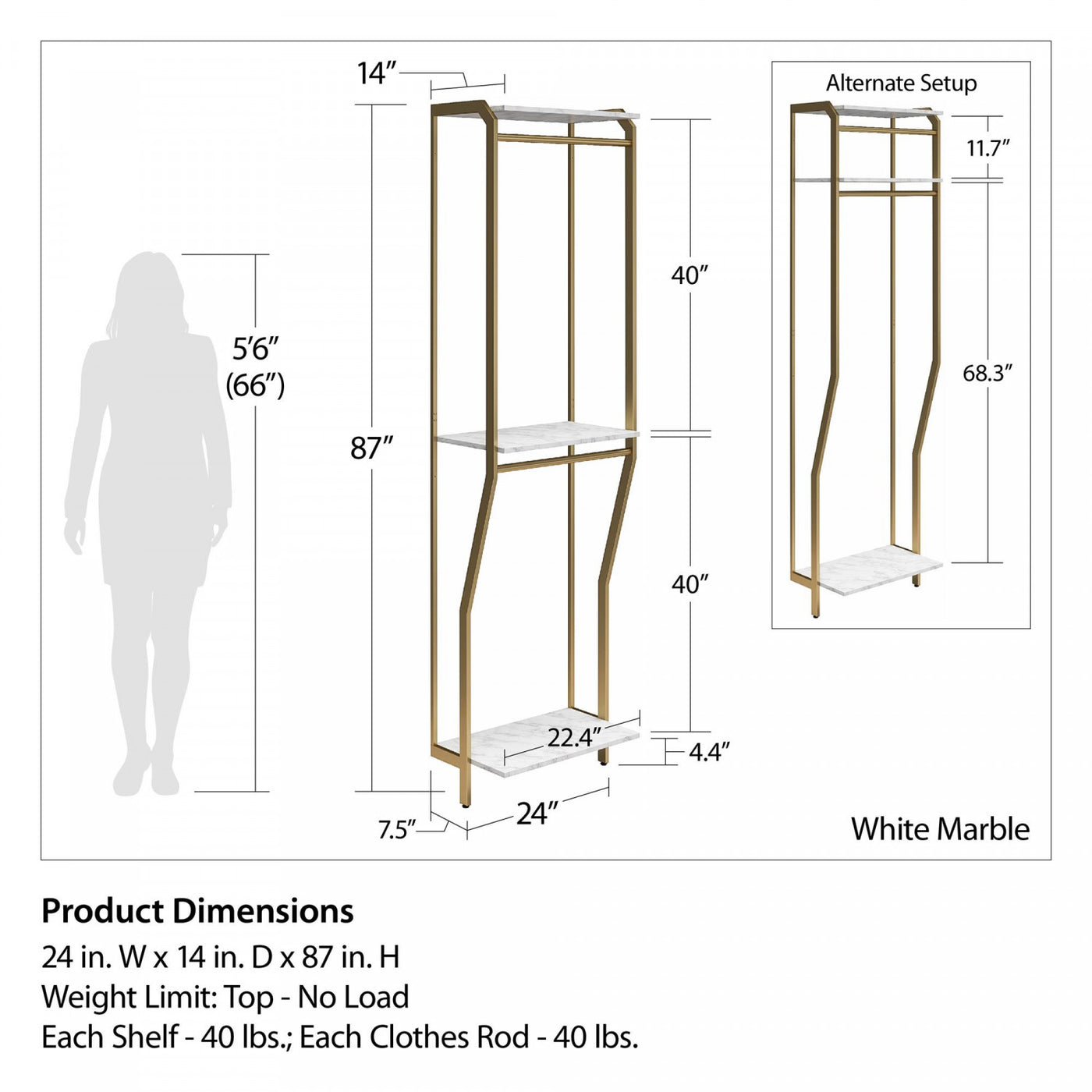 Gwyneth Closet with Hanging Rods - White Faux Marble/Golden Bronze