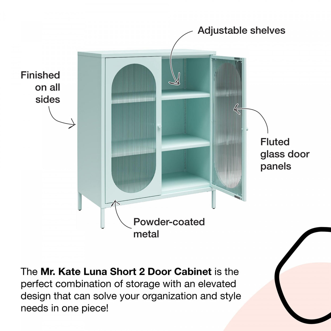 Luna Short 2-Door Metal Accent Cabinet with Fluted Glass - Parchment