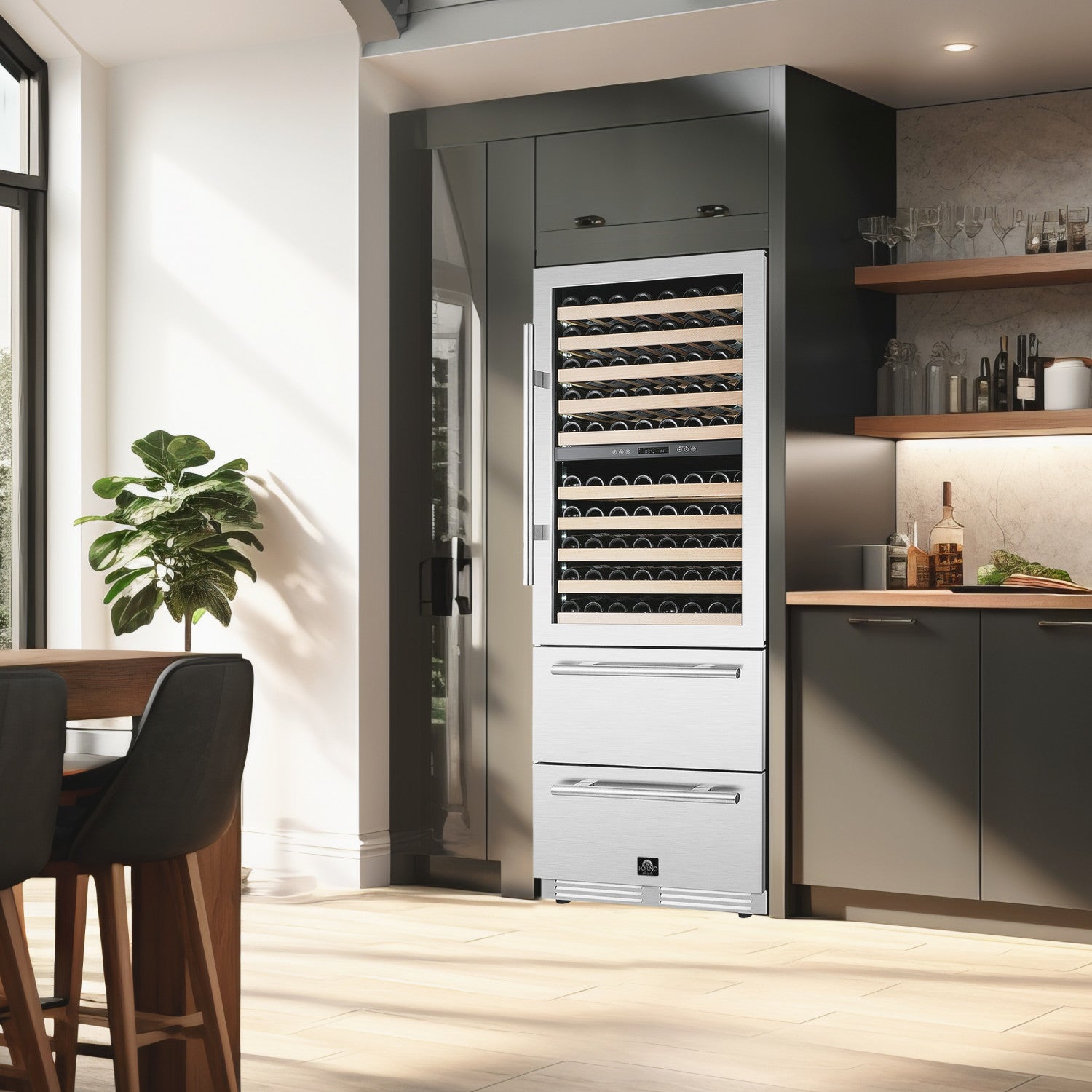 Forno Celano 30" 21.3 Cu.Ft. Stainless Steel 150 Bottle Dual Zone Wine Cellar with Two Beverage Drawers - FWCDR6697-30S