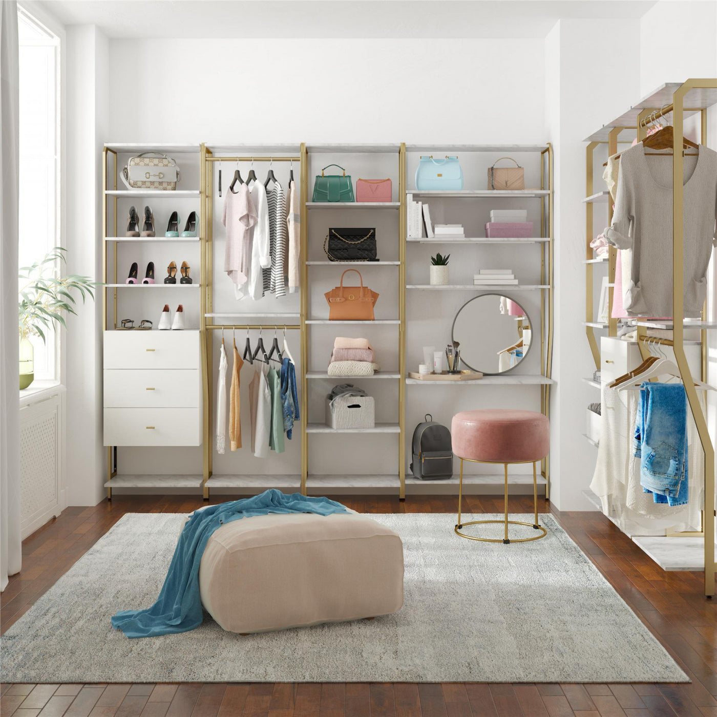 Gwyneth Closet with Hanging Rods - White Faux Marble/Golden Bronze