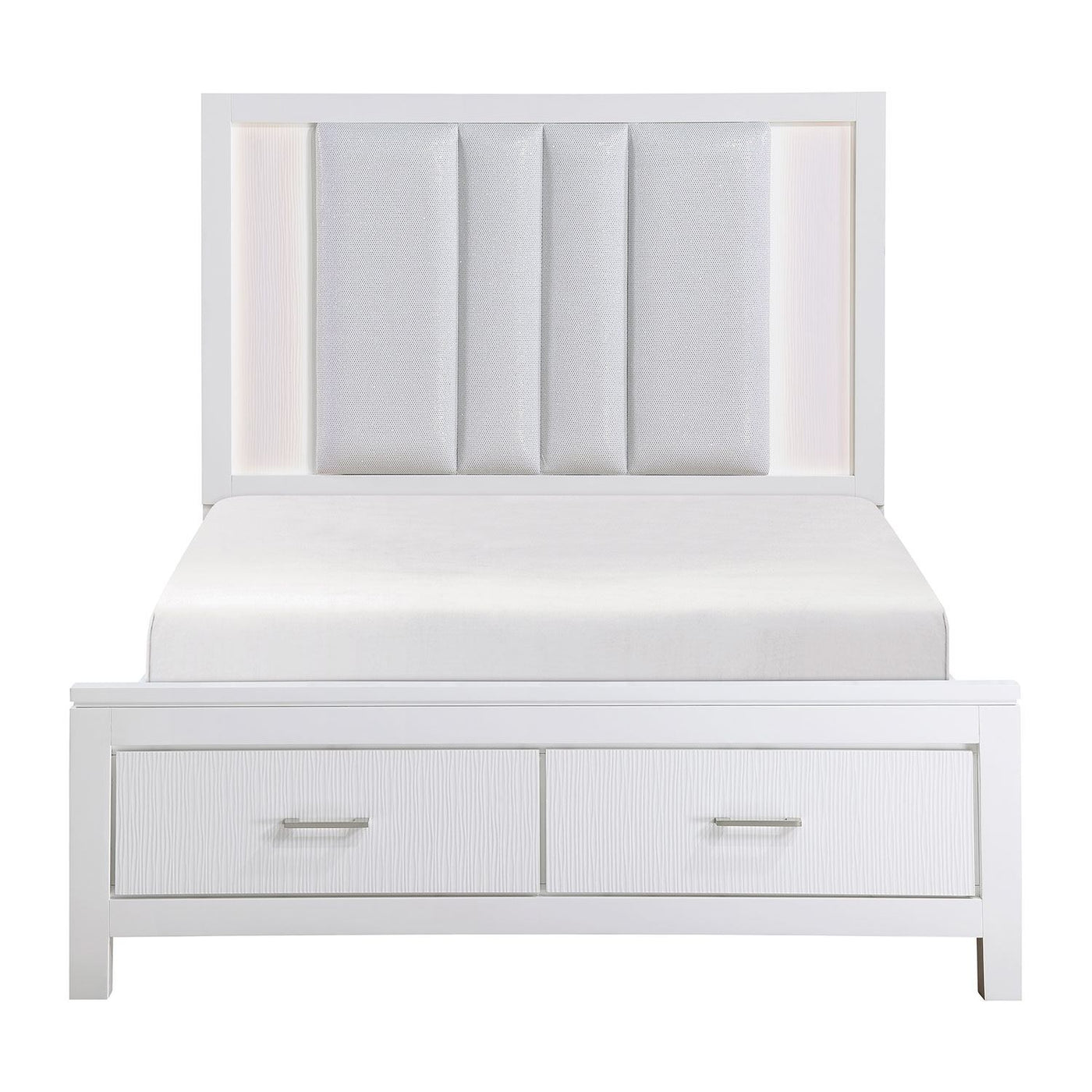 Paris 3-Piece Queen Storage Bed with LED Lighting - White, Silver