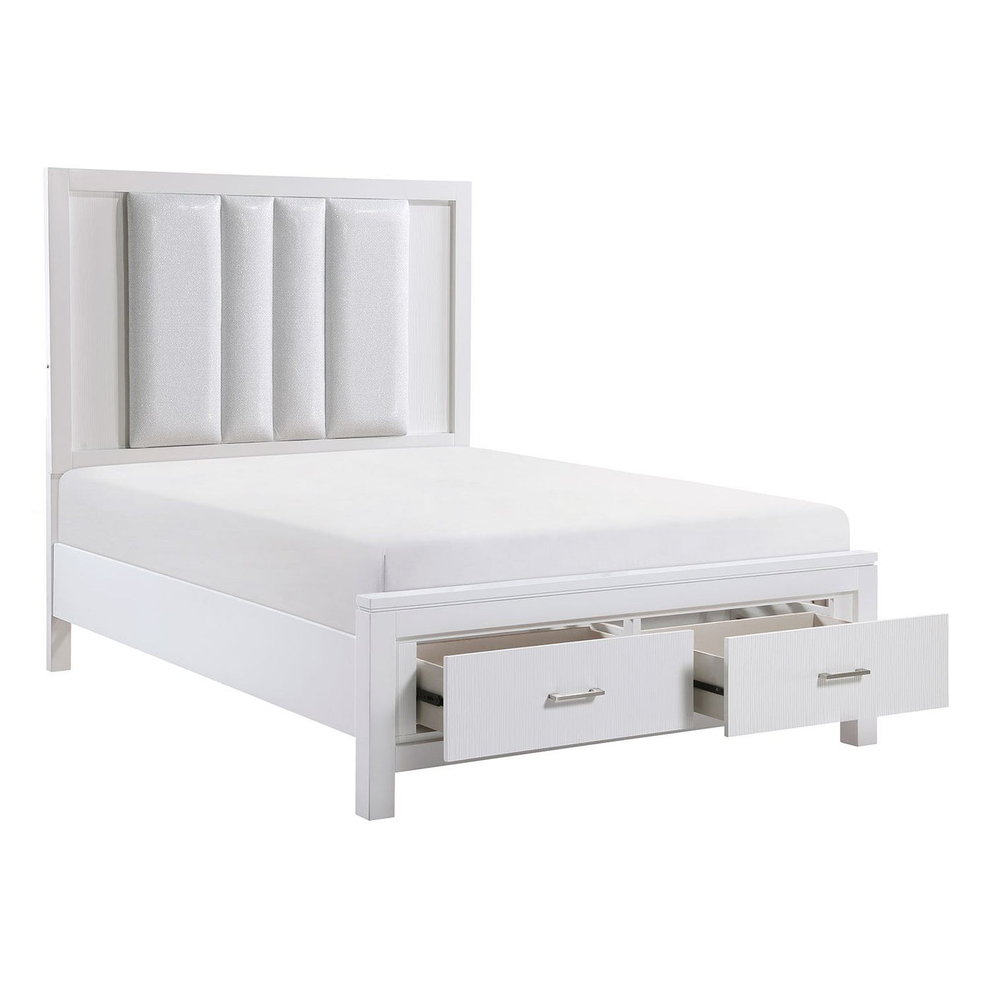 Paris 3-Piece Queen Storage Bed with LED Lighting - White, Silver