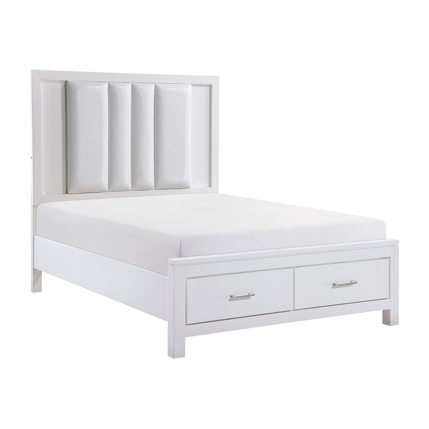 Paris 3-Piece Queen Storage Bed with LED Lighting - White, Silver
