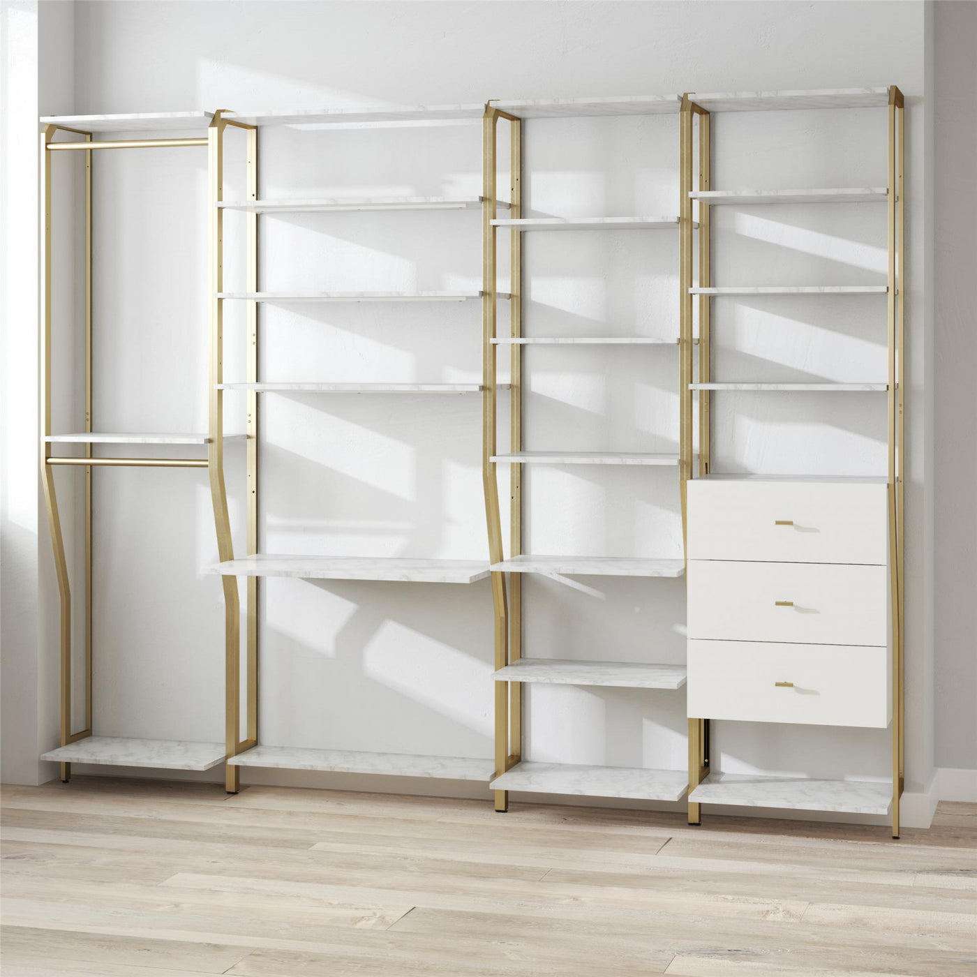 Gwyneth Closet with Hanging Rods - White Faux Marble/Golden Bronze