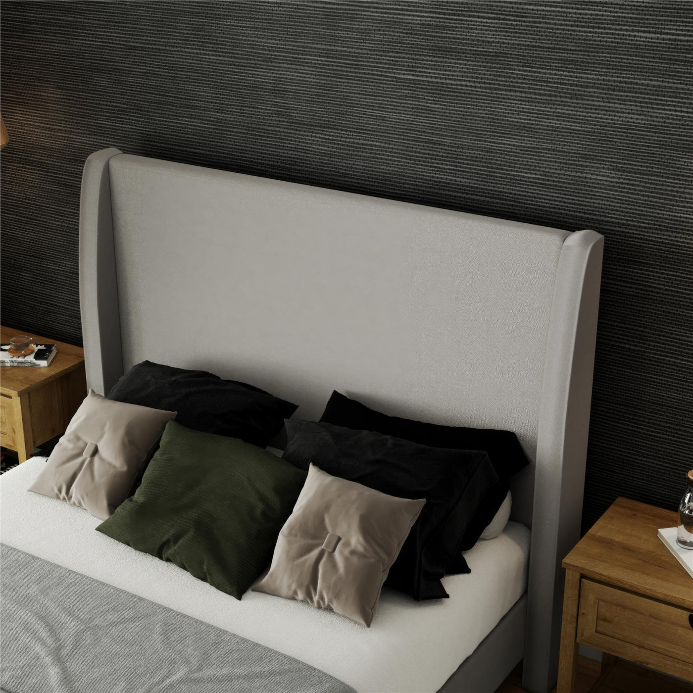 Tess Upholstered Wingback Queen Bed - Whiskey Gray Linen