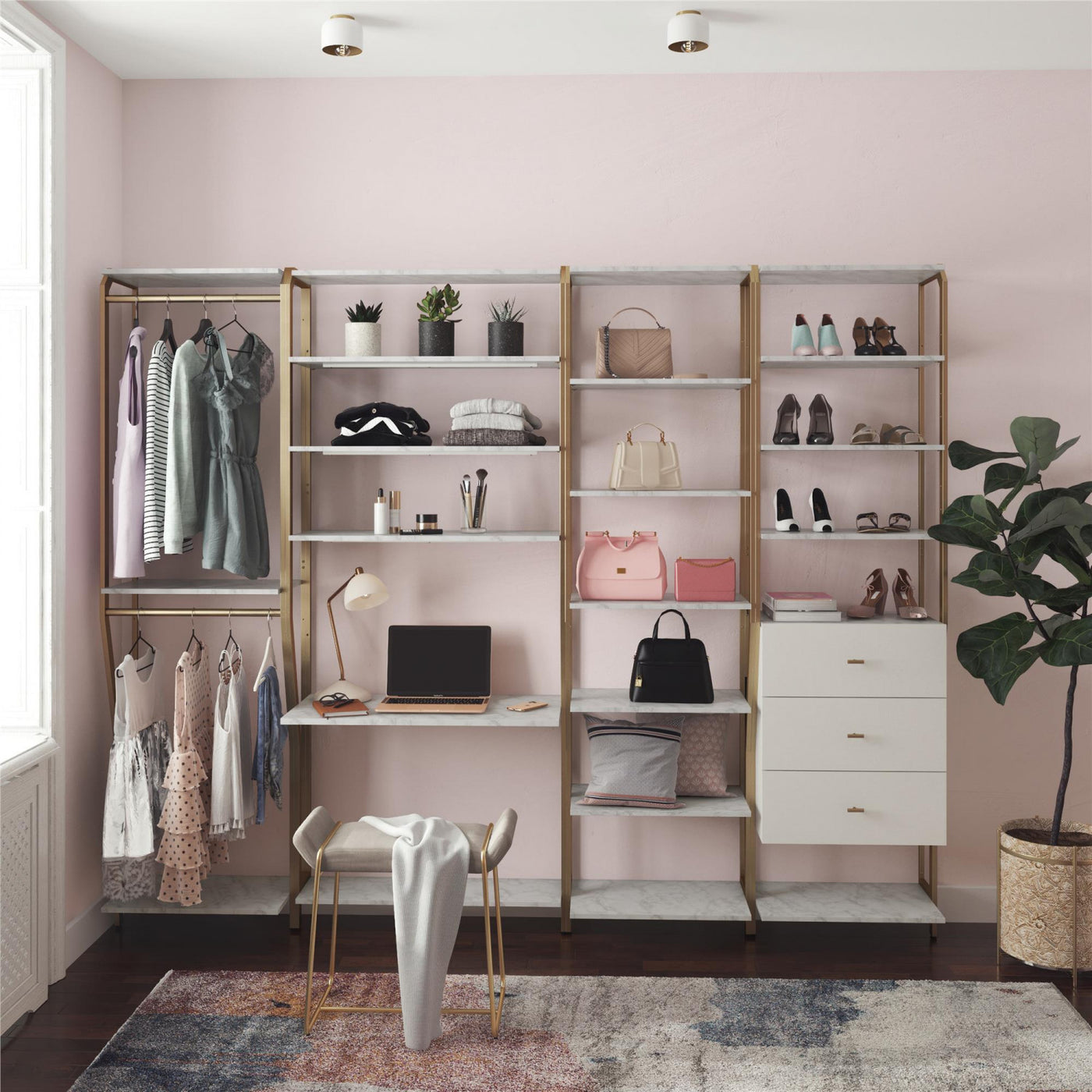 Gwyneth Closet with Hanging Rods - White Faux Marble/Golden Bronze