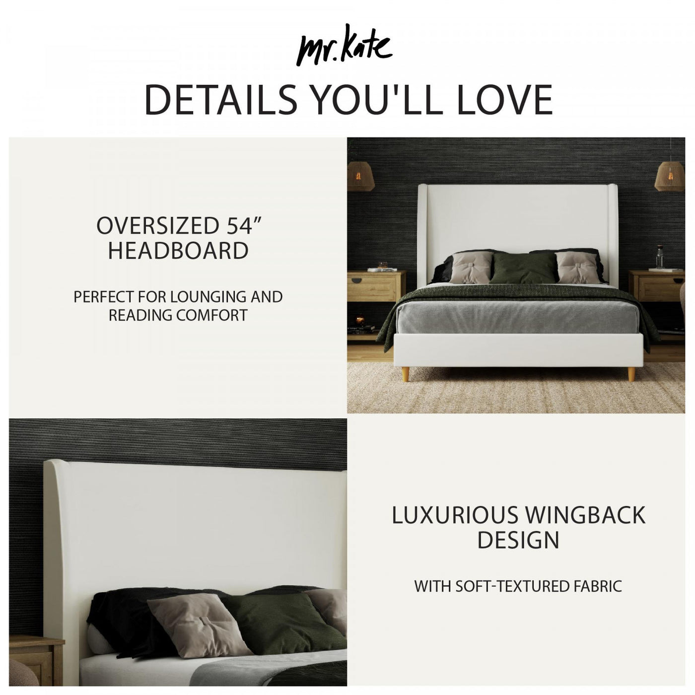 Tess Upholstered Wingback Queen Bed - Ivory Linen