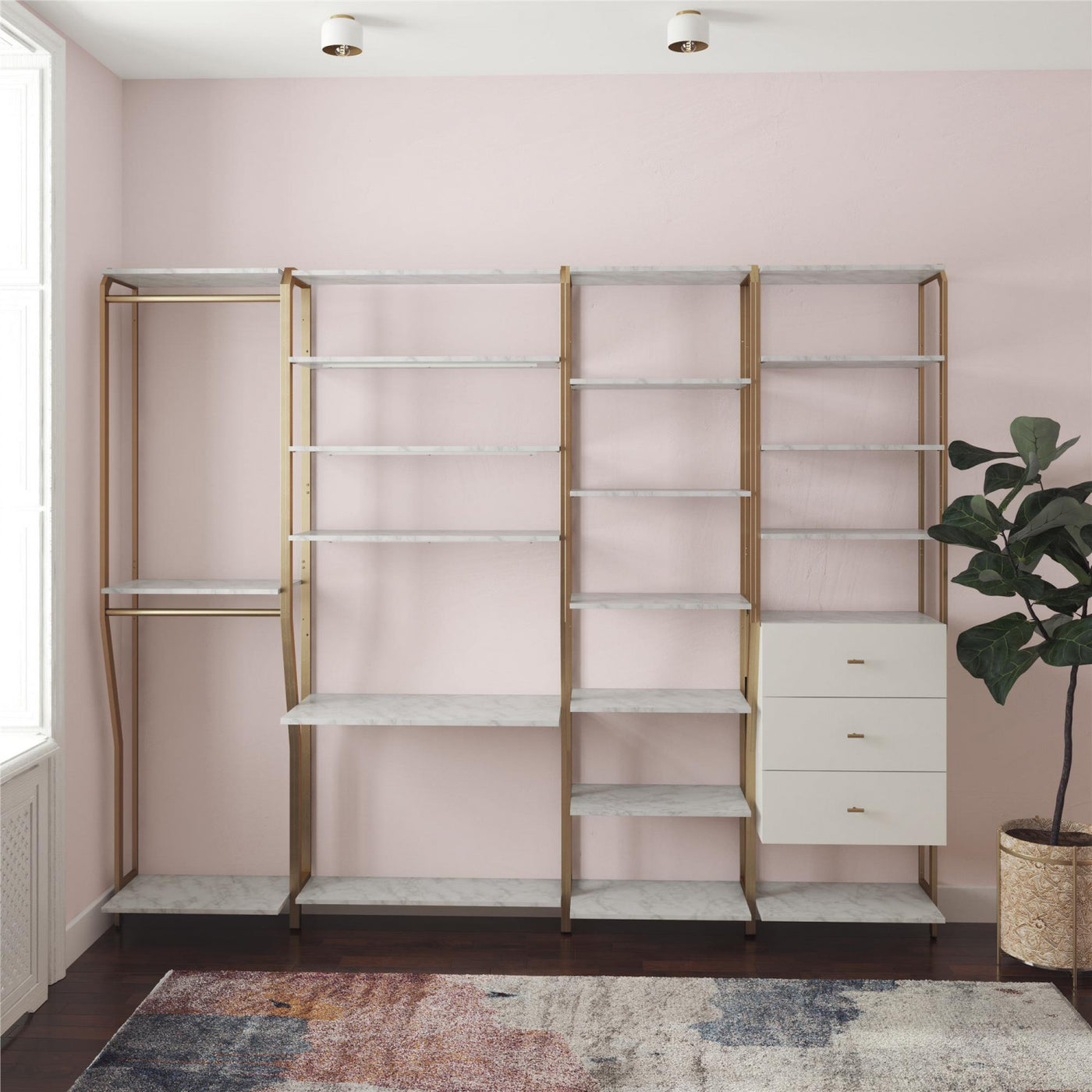 Gwyneth Closet with Hanging Rods - White Faux Marble/Golden Bronze