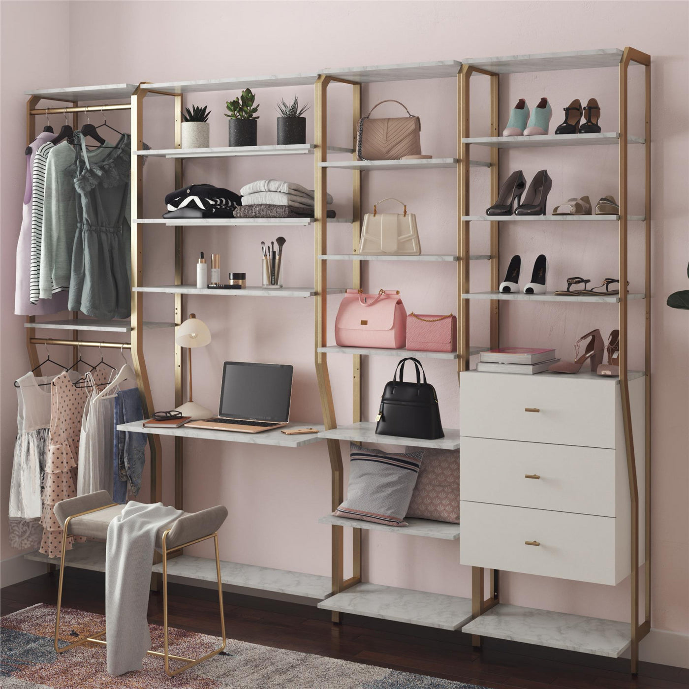 Gwyneth Closet with Hanging Rods - White Faux Marble/Golden Bronze