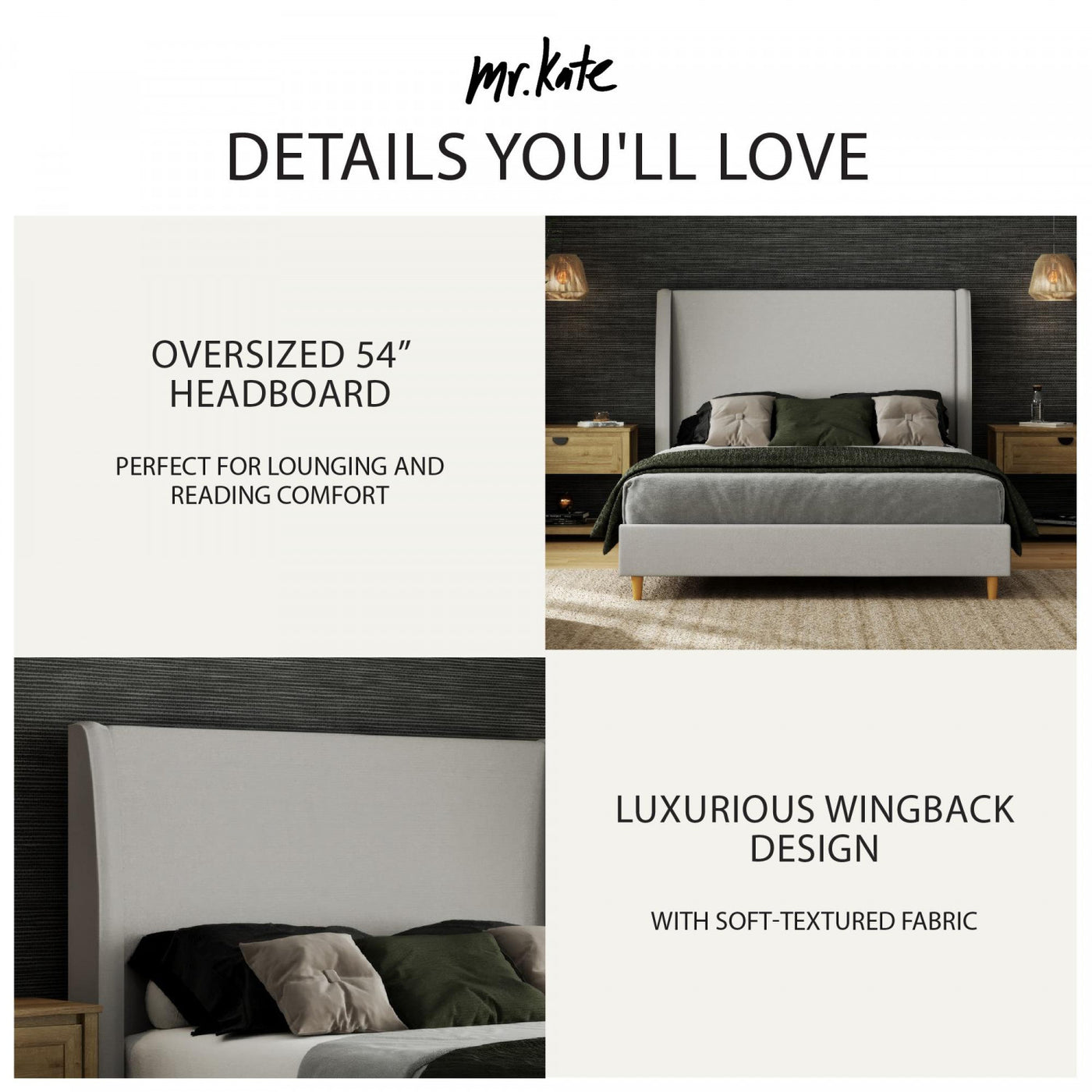 Tess Upholstered Wingback Queen Bed - Whiskey Gray Linen