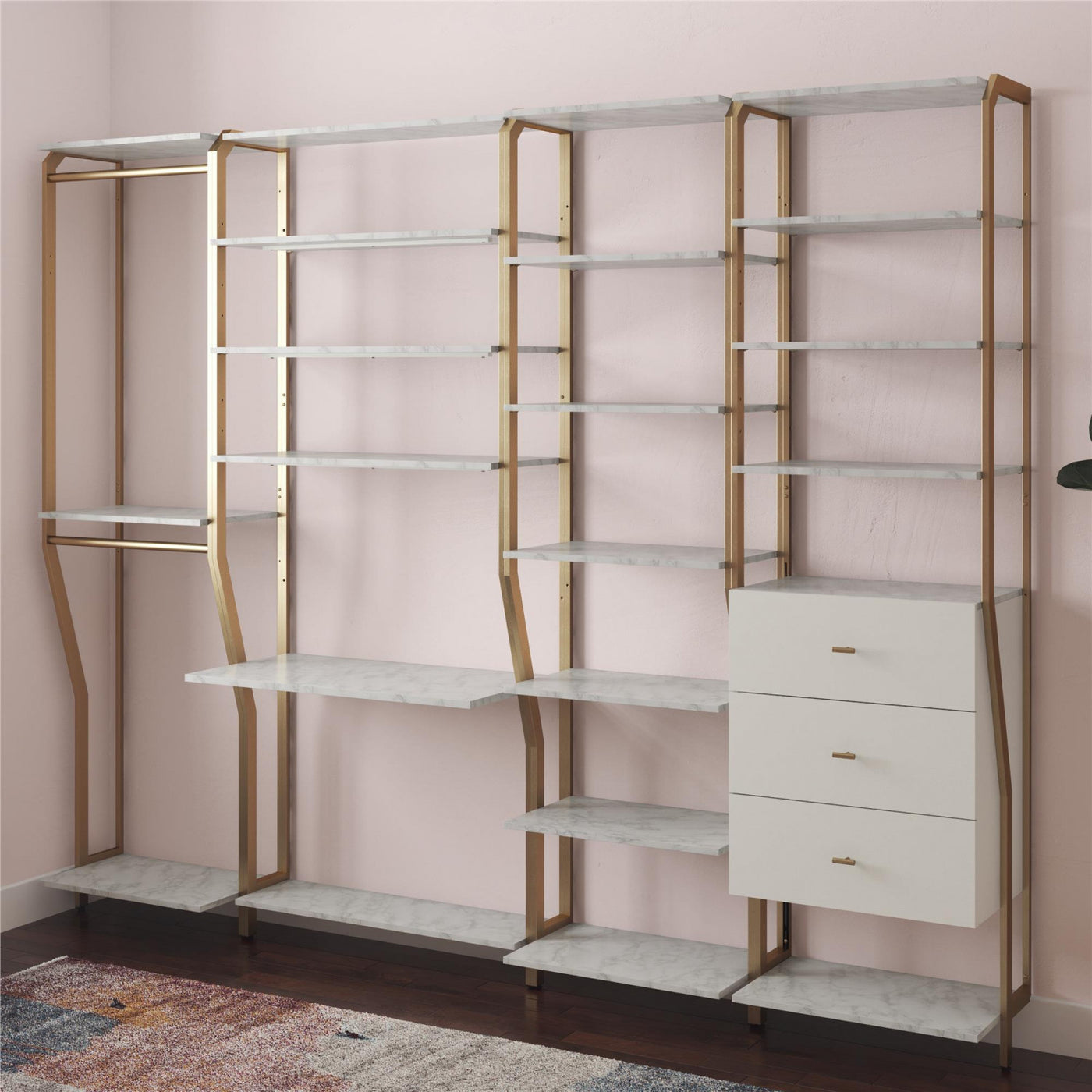 Gwyneth Closet with Hanging Rods - White Faux Marble/Golden Bronze