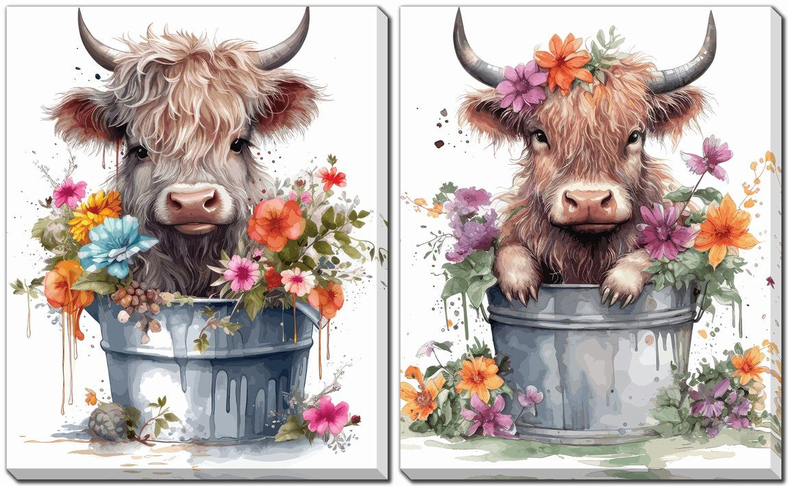 Floral Cows Wall Art - Multi-Colour - 16 X 20 - Set of Two