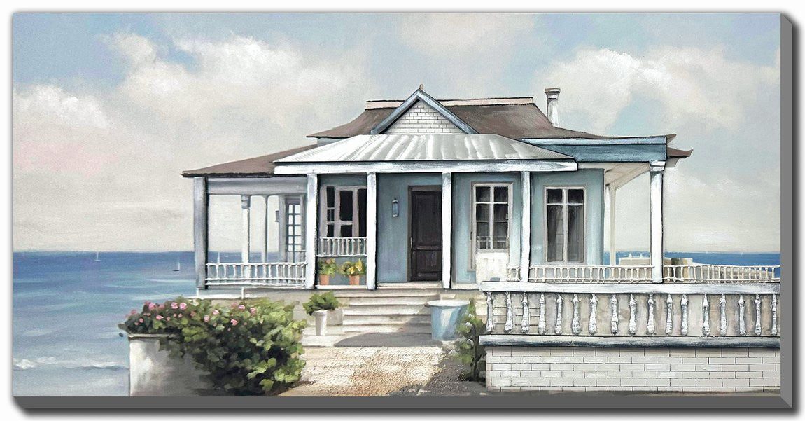 Seaside Cottage Wall Art - Blue/White - 28 X 56