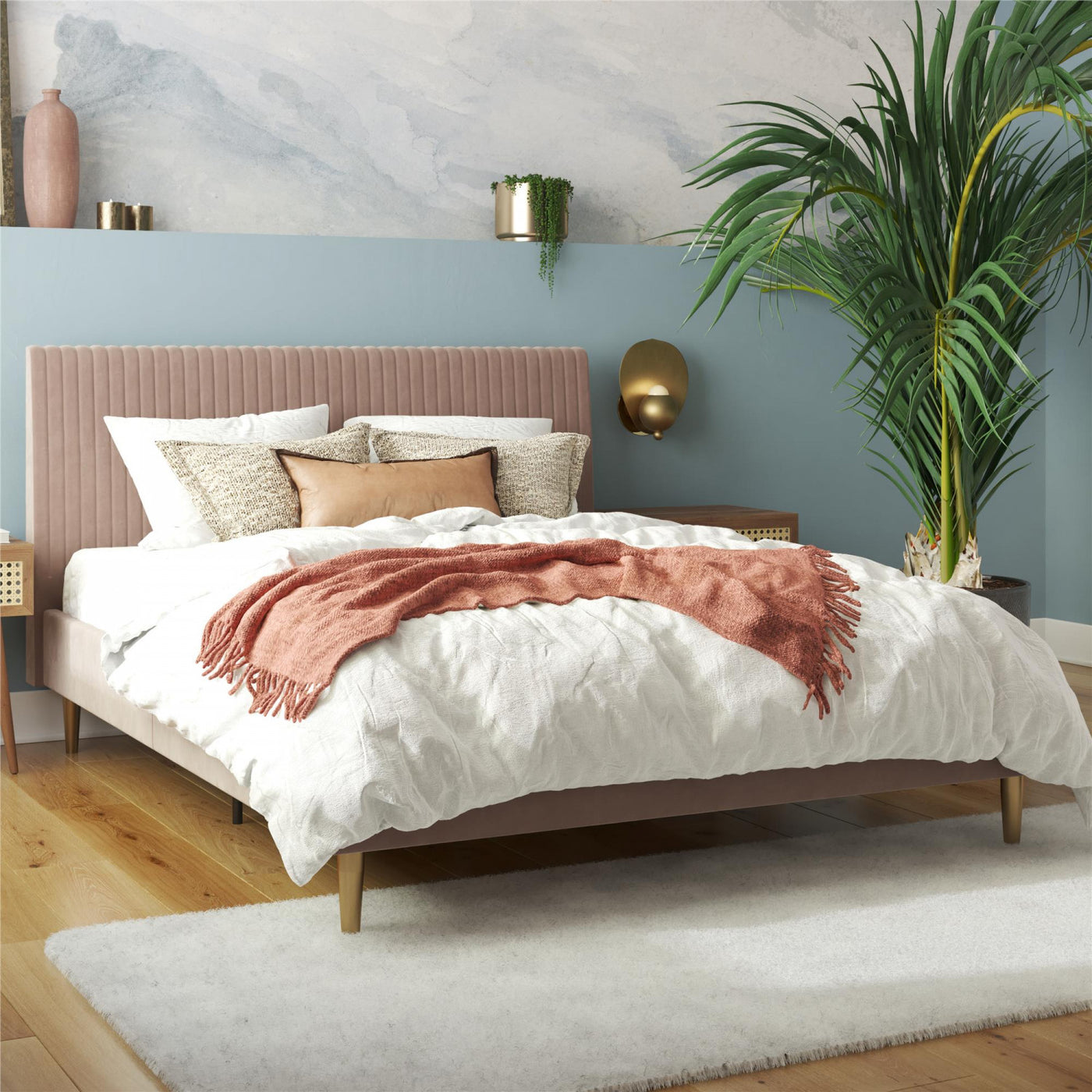 Daphne Upholstered Queen Bed - Blush Velvet