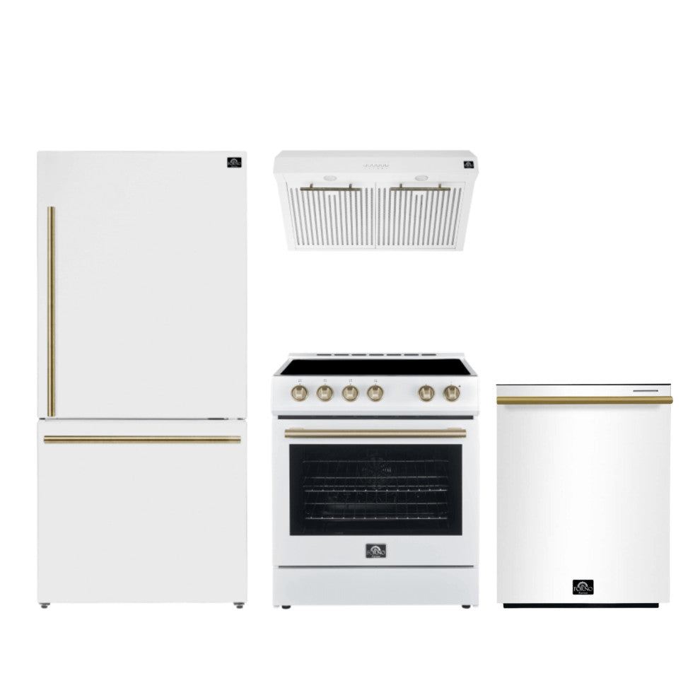 Forno Premium White Kitchen Package with Range, Bottom Freezer Refrigerator, Dishwasher and Range Hood - FBDL-006-03CA