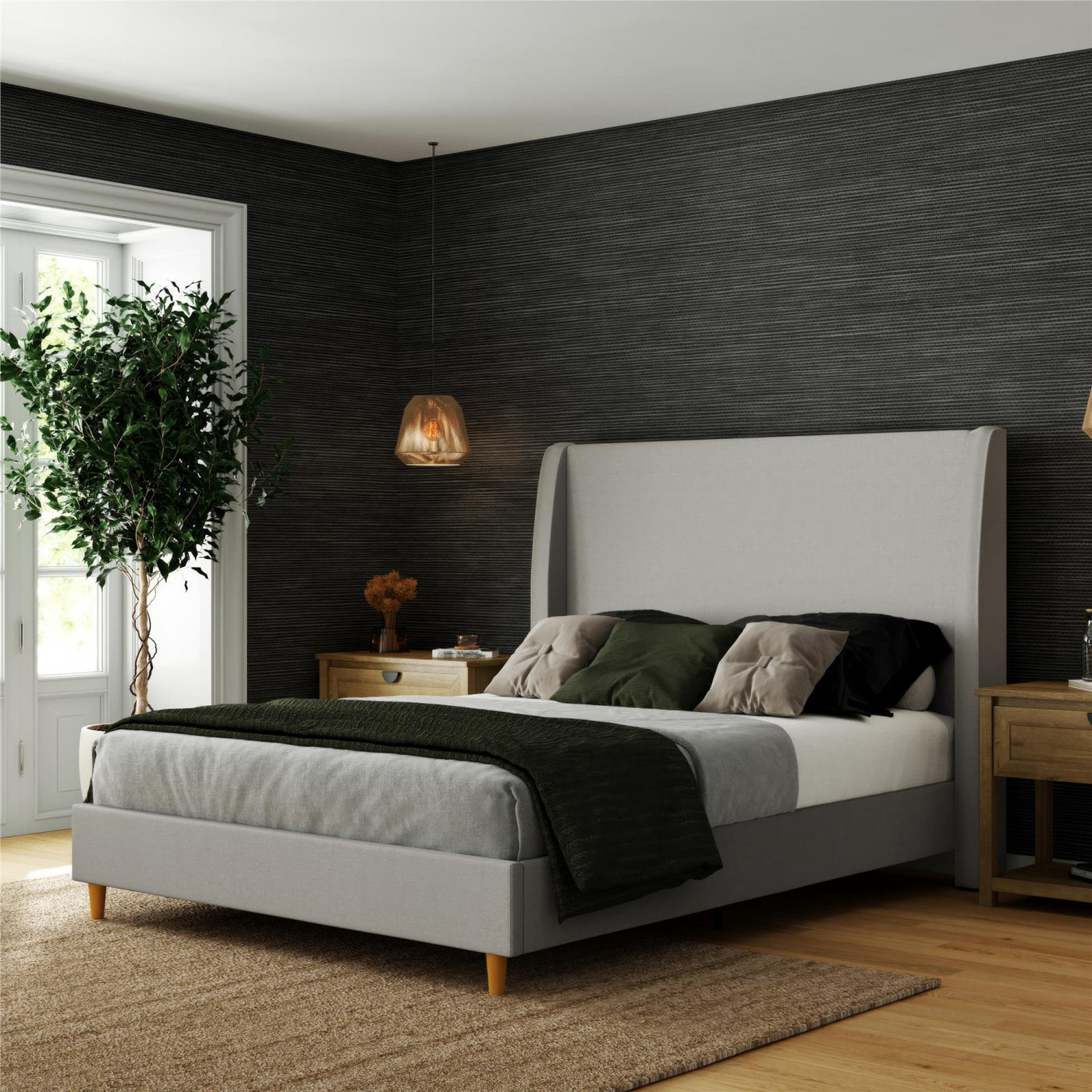 Tess Upholstered Wingback Queen Bed - Whiskey Gray Linen