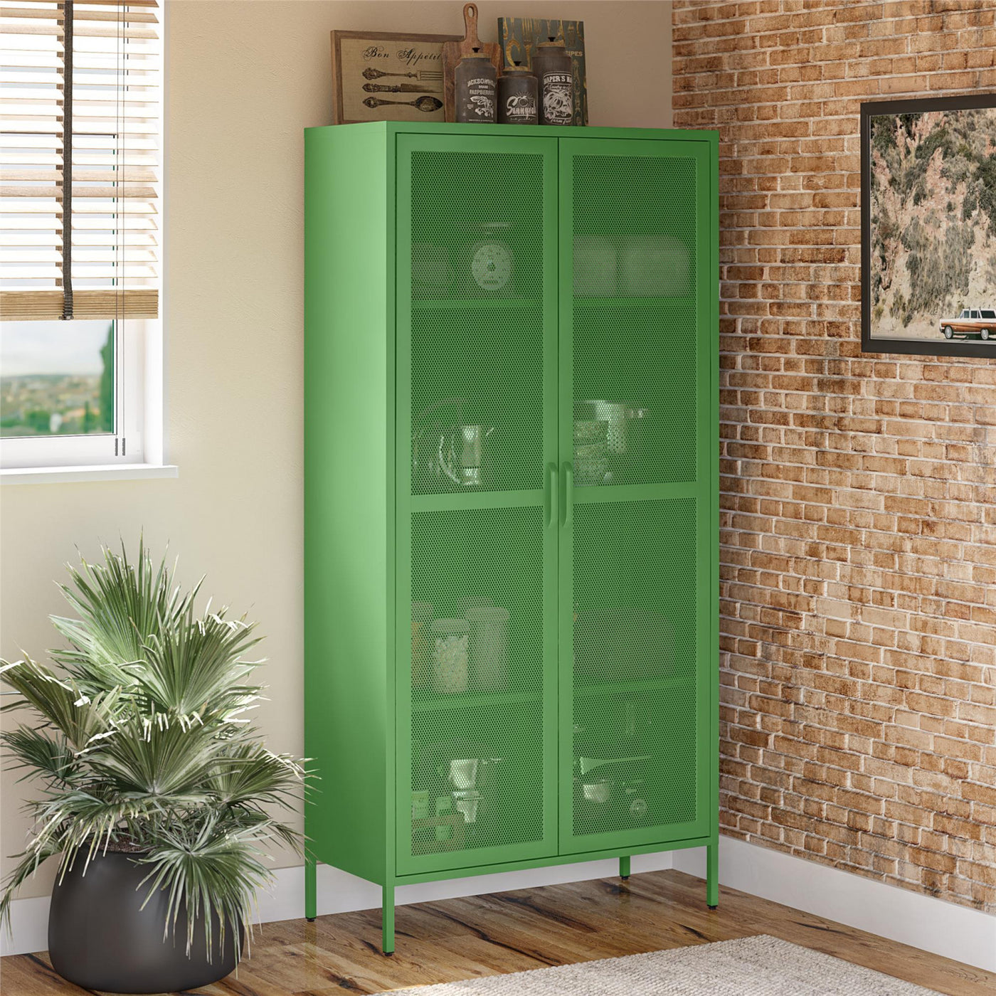 Channing Tall 2 Door Storage Cabinet with Mesh Metal - Kelly Green