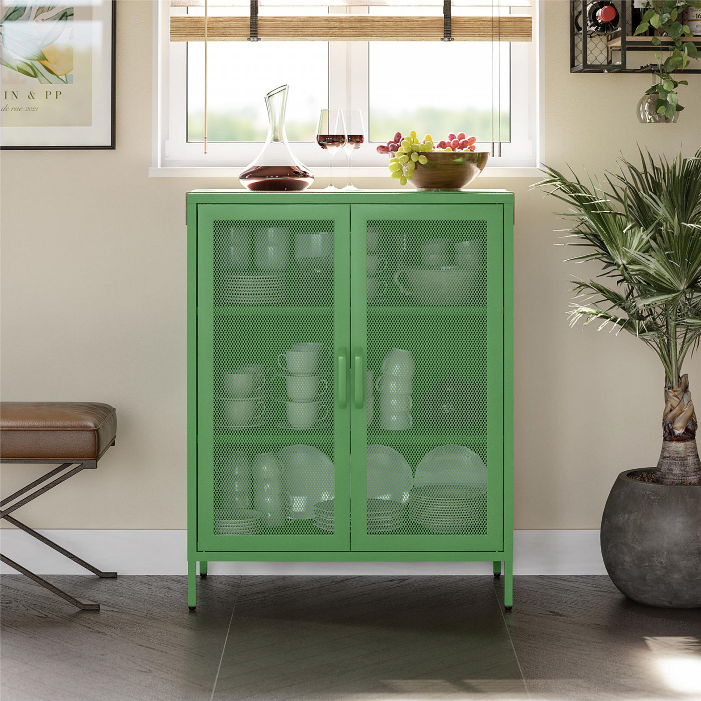 Channing 2 Door Storage Cabinet with Mesh Metal - Kelly Green