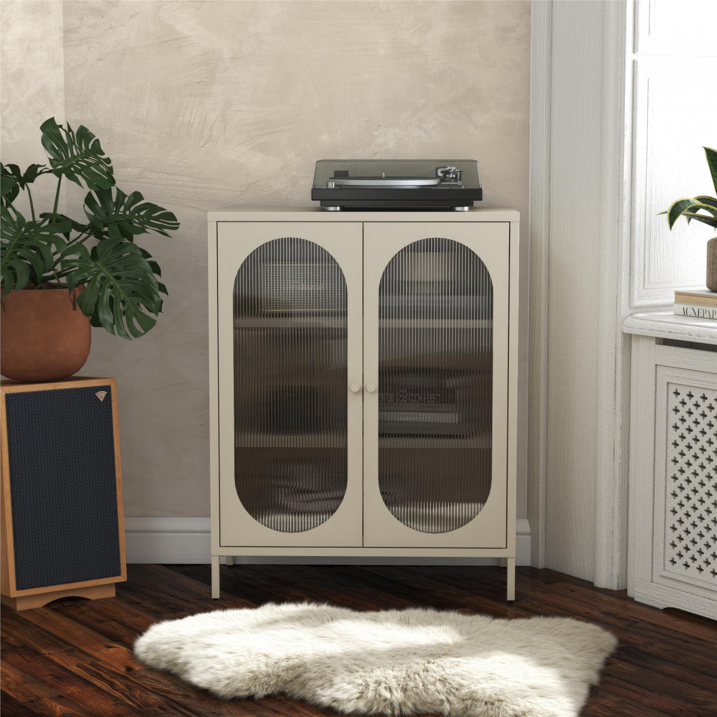 Luna Short 2-Door Metal Accent Cabinet with Fluted Glass - Parchment