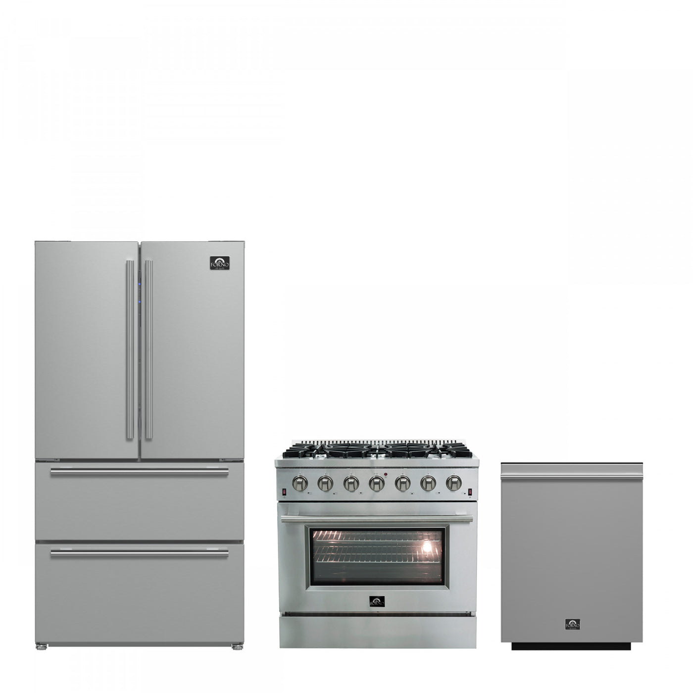 Forno Premium Stainless Steel Kitchen Package with 36" Gas Range, French Door Refrigerator and Dishwasher - FBDL-004-01CAUS