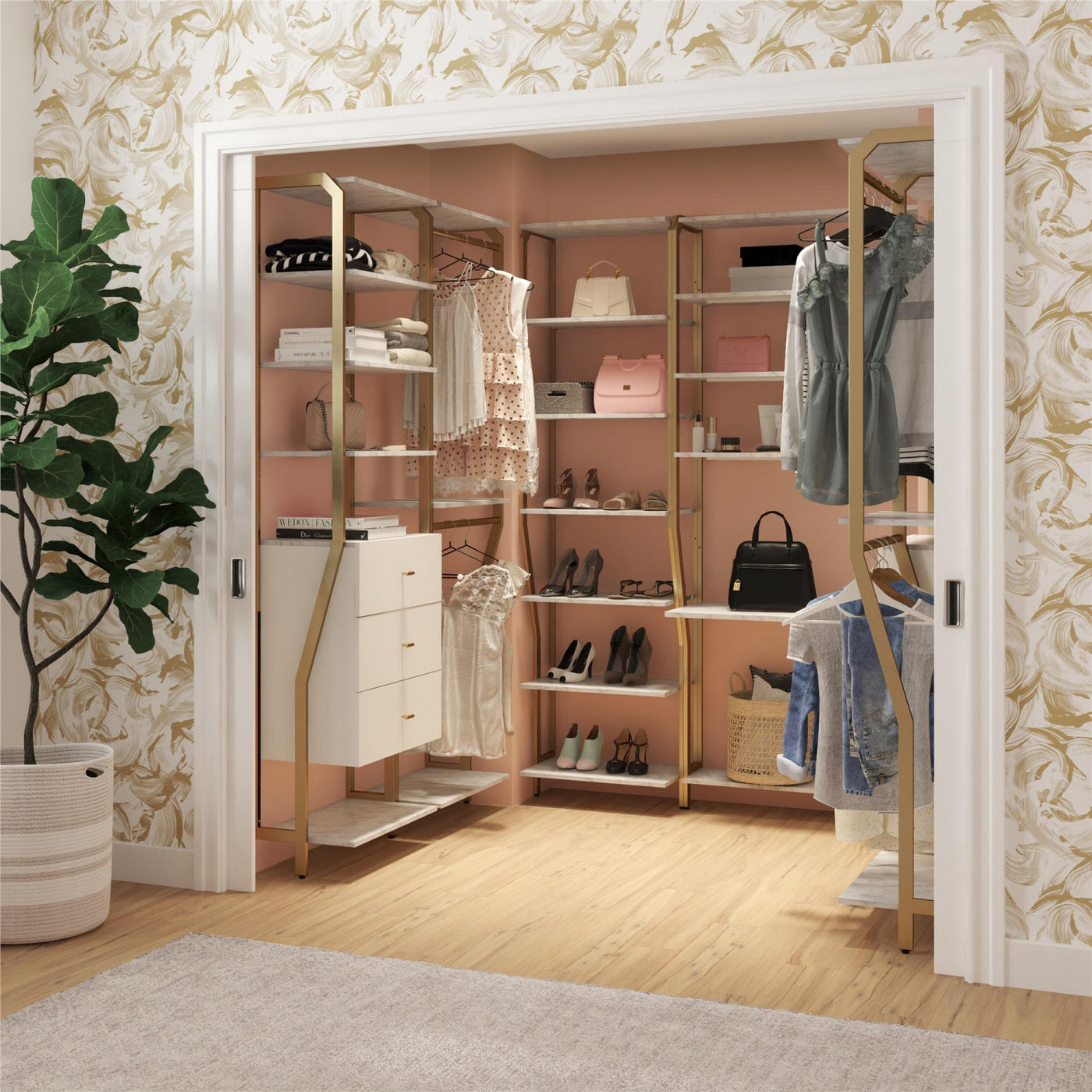 Gwyneth Closet with Hanging Rods - White Faux Marble/Golden Bronze