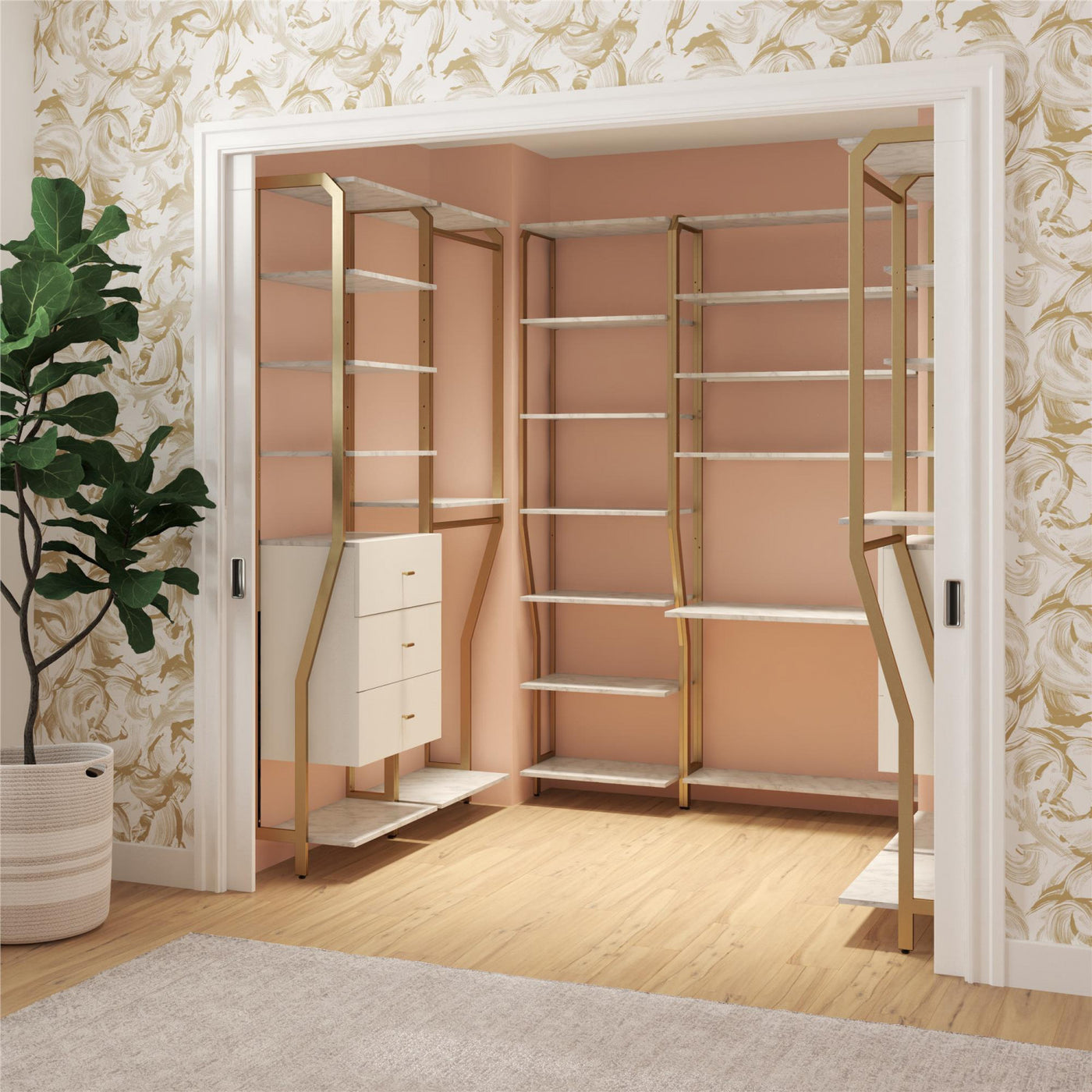 Gwyneth Closet with Hanging Rods - White Faux Marble/Golden Bronze