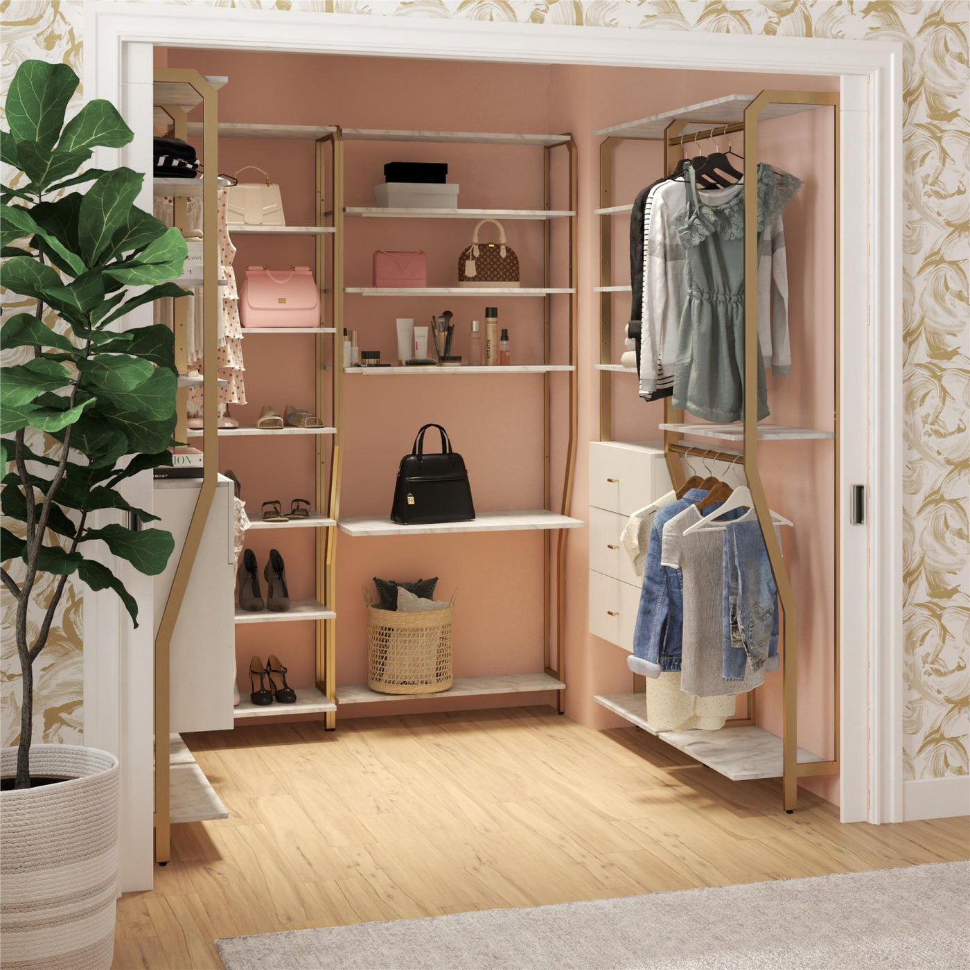 Gwyneth Closet with Hanging Rods - White Faux Marble/Golden Bronze
