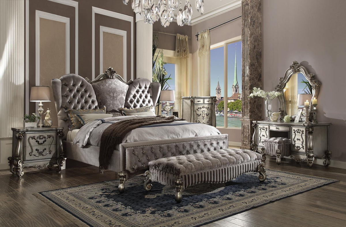Escalera Velvet King Bed - Antique Platinum