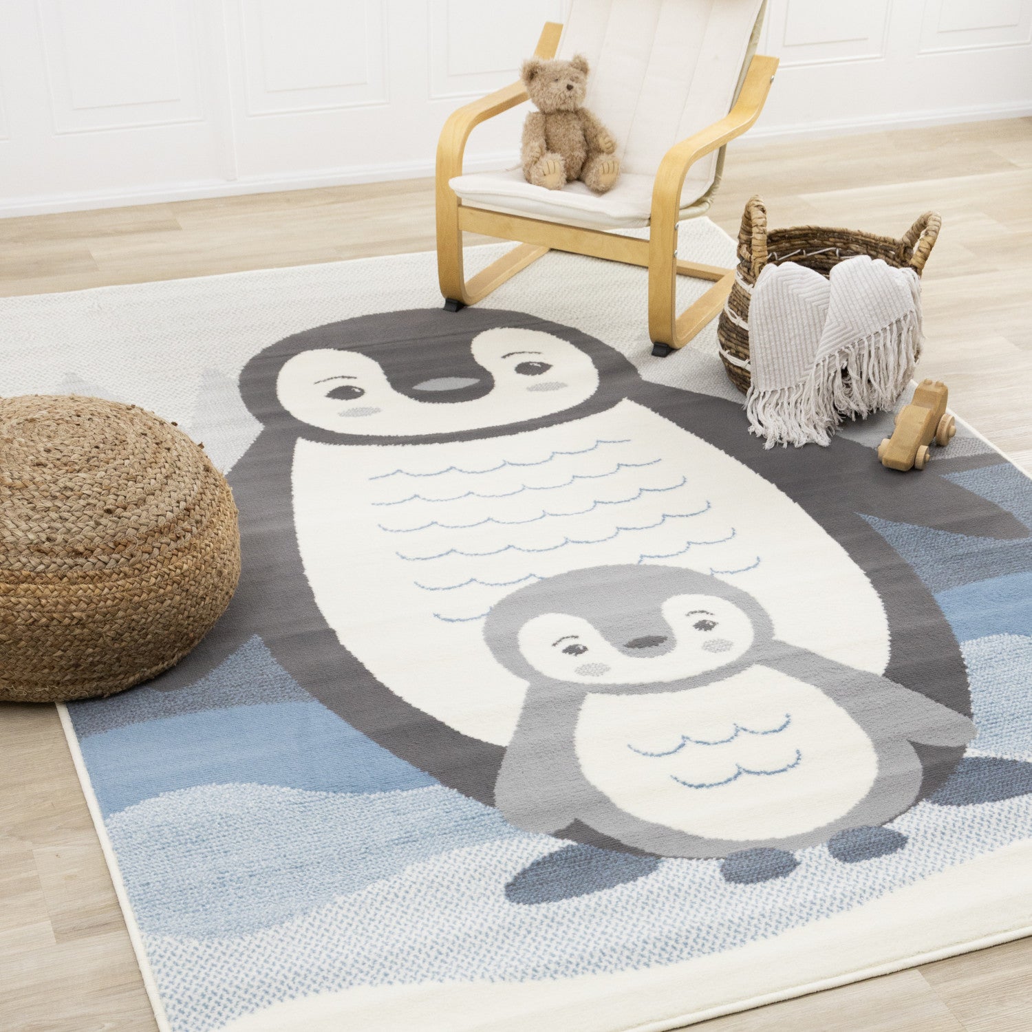 Kids Baby Penguin Area Rug - Grey Blue - 5' X 8'