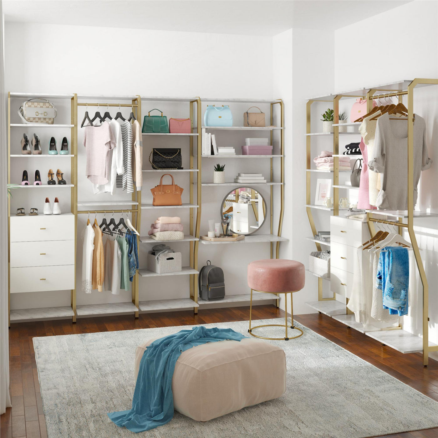 Gwyneth Closet with Hanging Rods - White Faux Marble/Golden Bronze