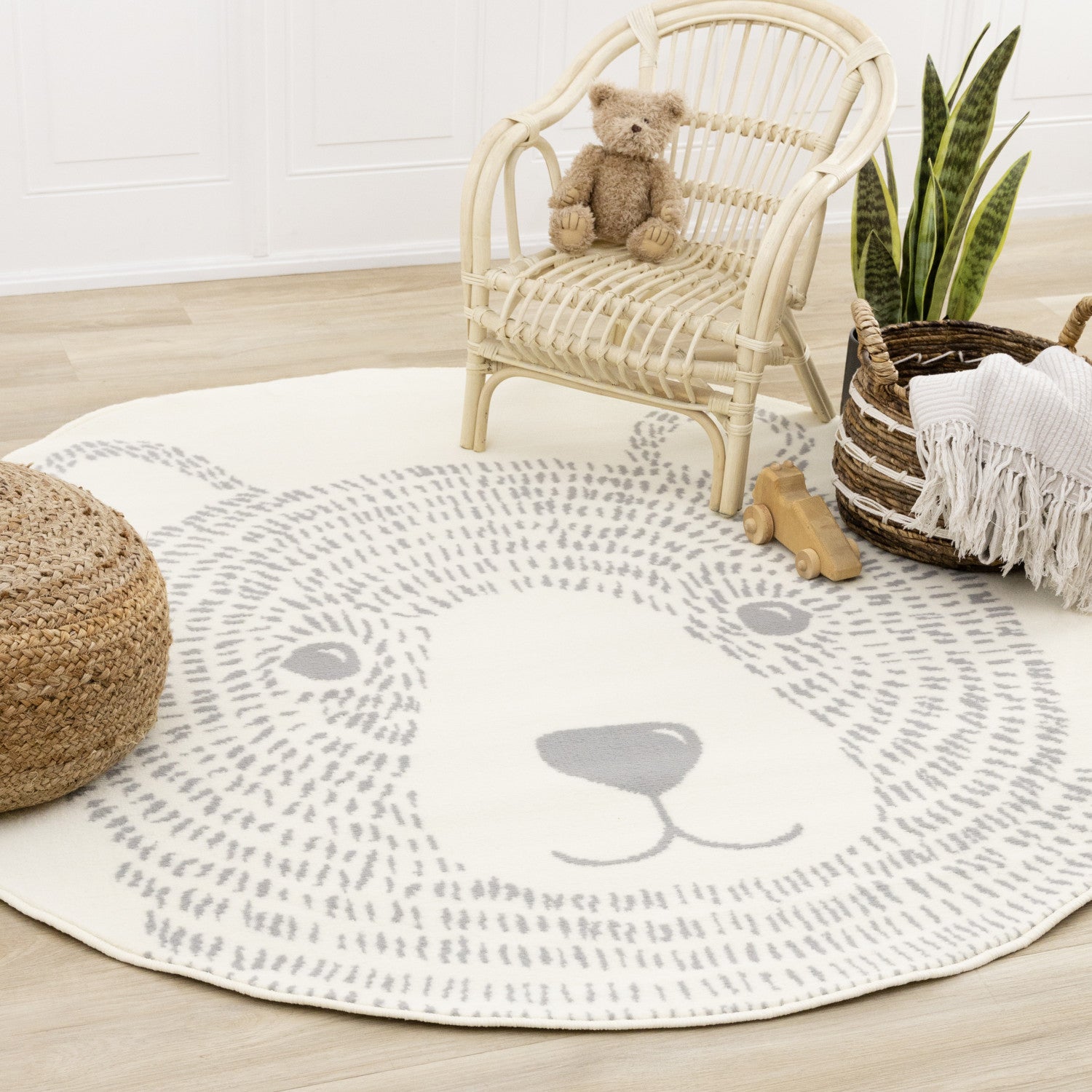 Kids Teddy Bear Area Rug - Cream Grey - 5' X 5' Round