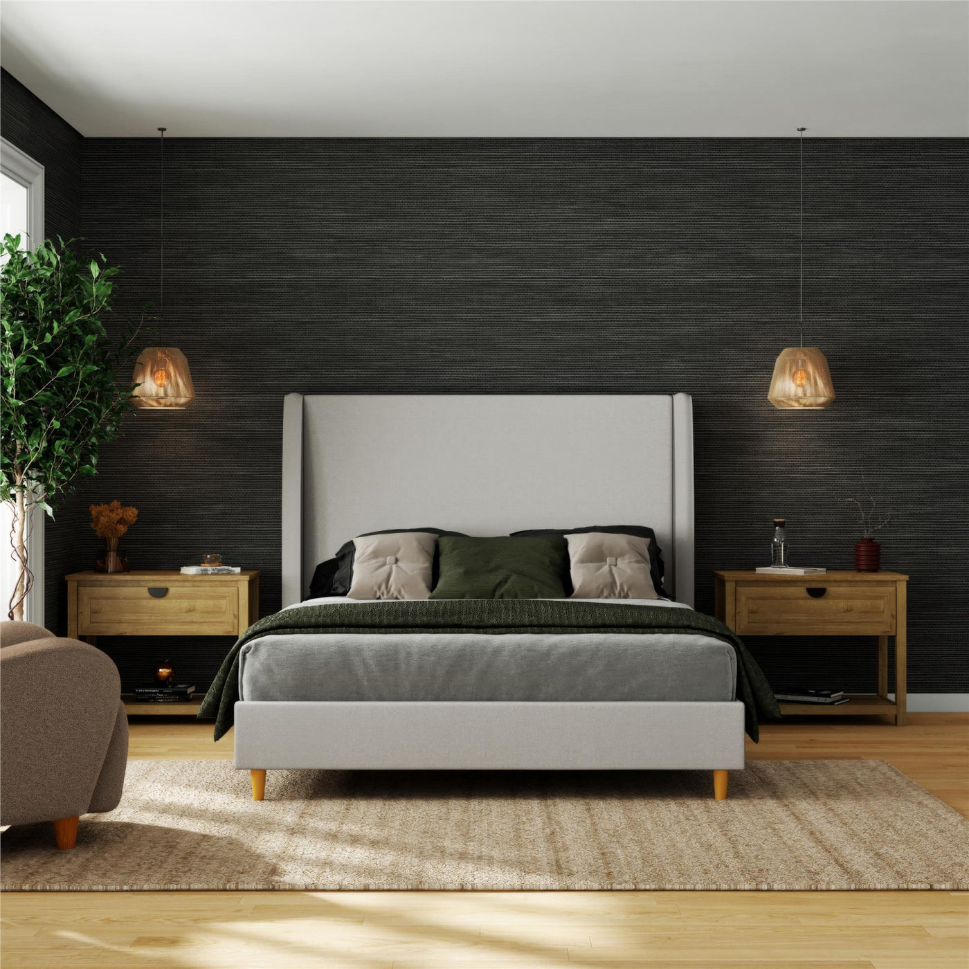 Tess Upholstered Wingback Queen Bed - Whiskey Gray Linen