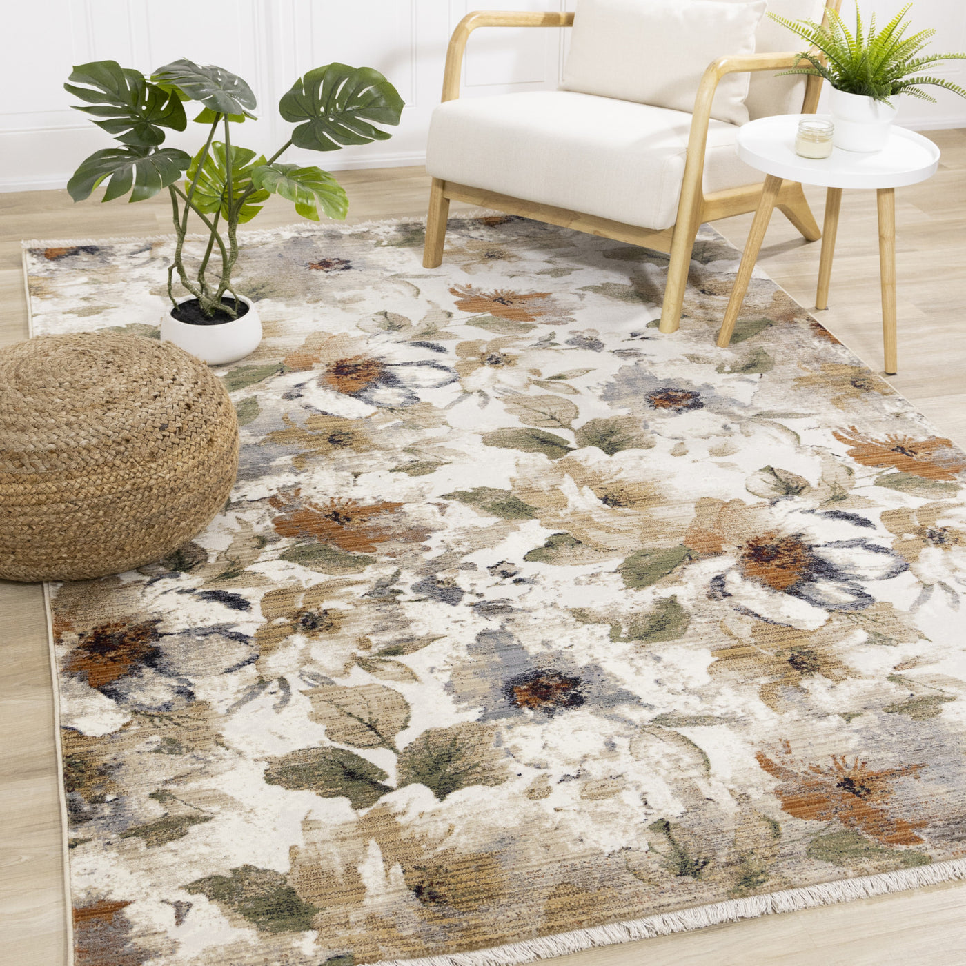 Sterling Contemporary Floral Area Rug - Cream Green Rust - 5' X 8'