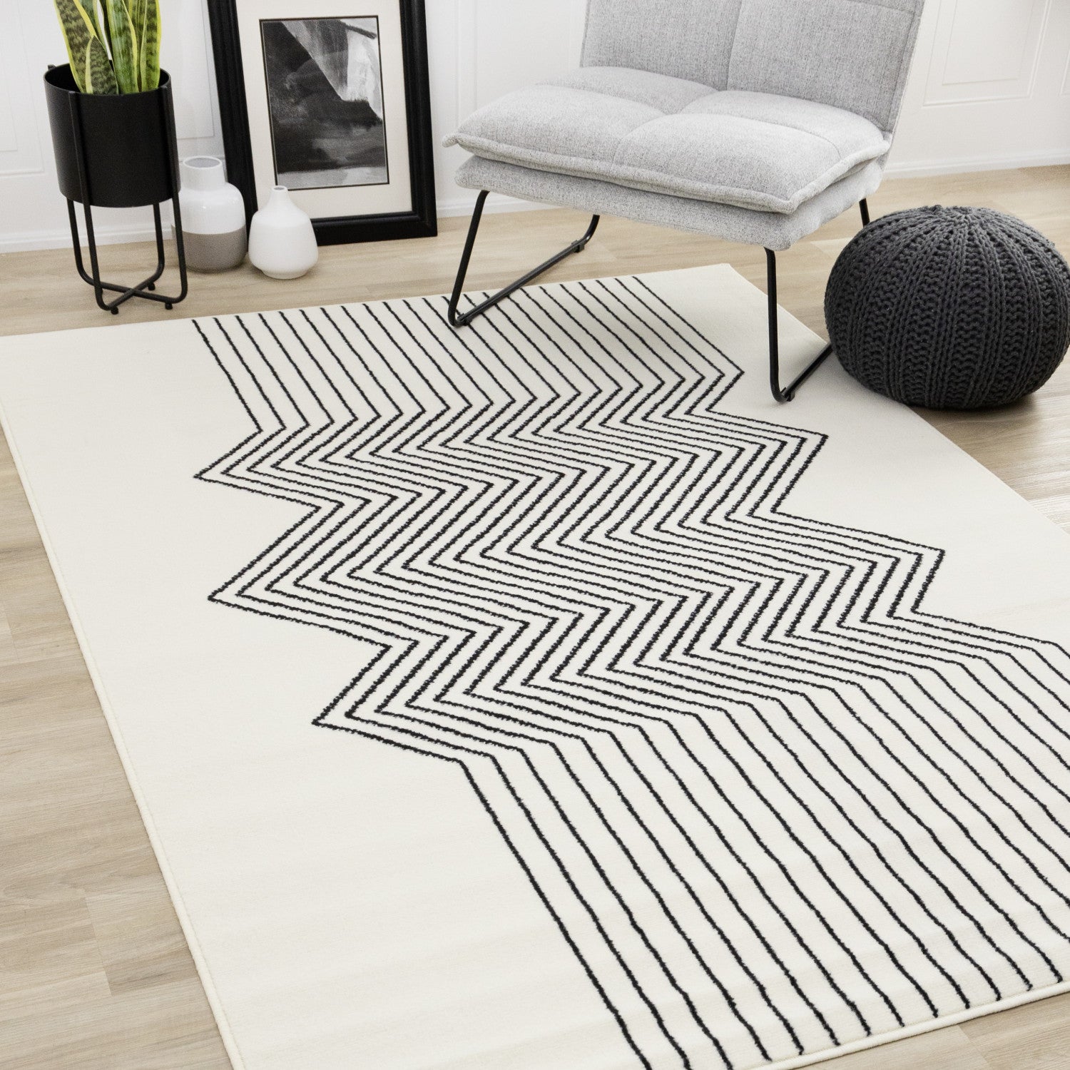 Functional Modern Soundwaves Area Rug - White Black - 5' X 8'
