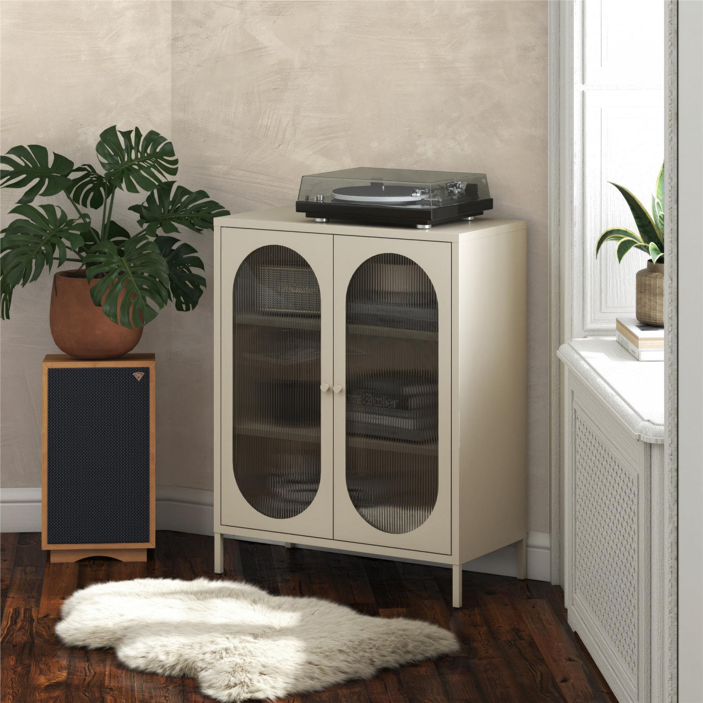 Luna Short 2-Door Metal Accent Cabinet with Fluted Glass - Parchment