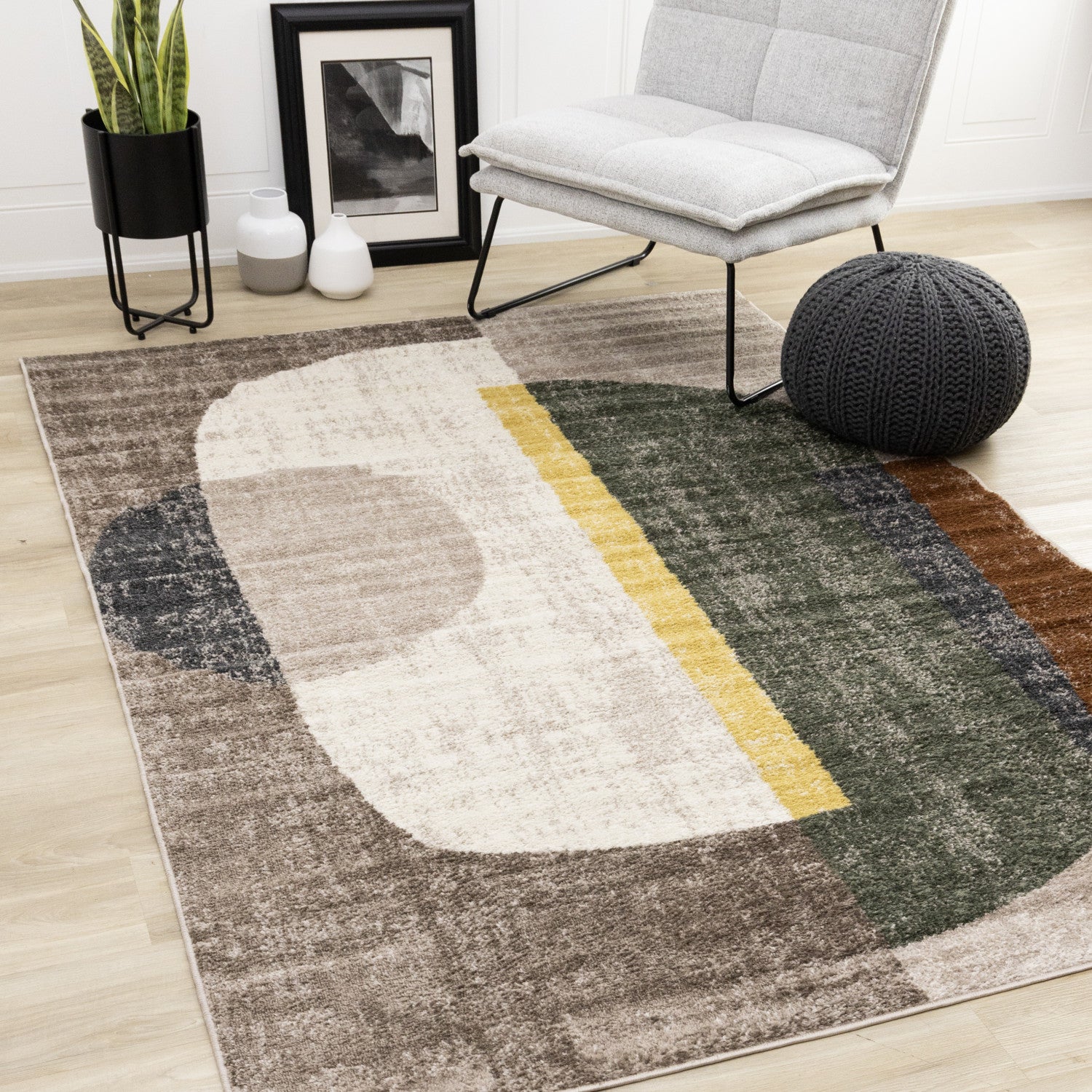 Maui Modern Geometric Area Rug - 8' X 11' - Grey/Green/Yellow