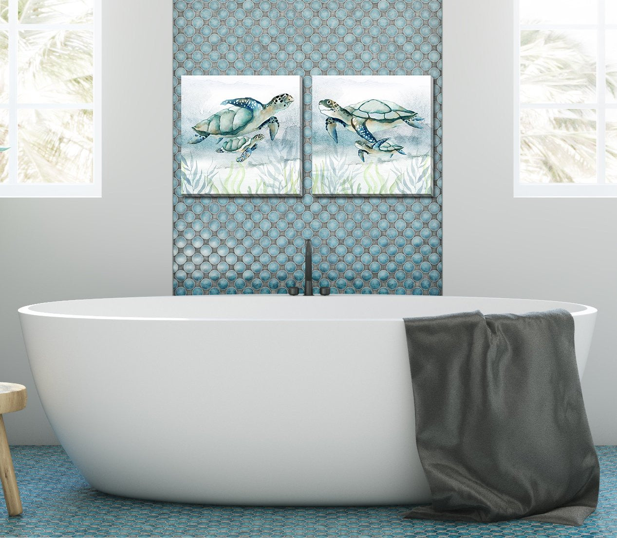 Turtle Tide Wall Art - Grey/White - 16 X 16 - Set of Two