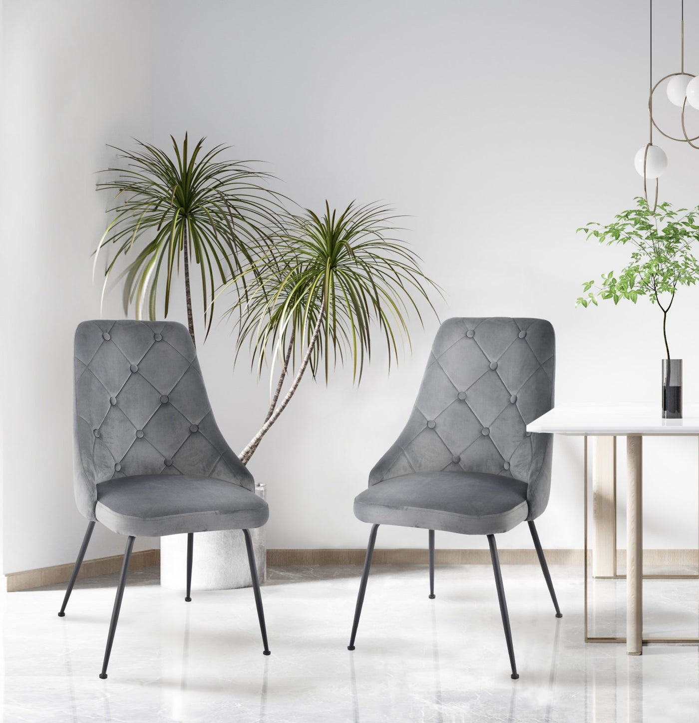 Peacock Velvet Dining Chair - Grey/Black - Set of Two