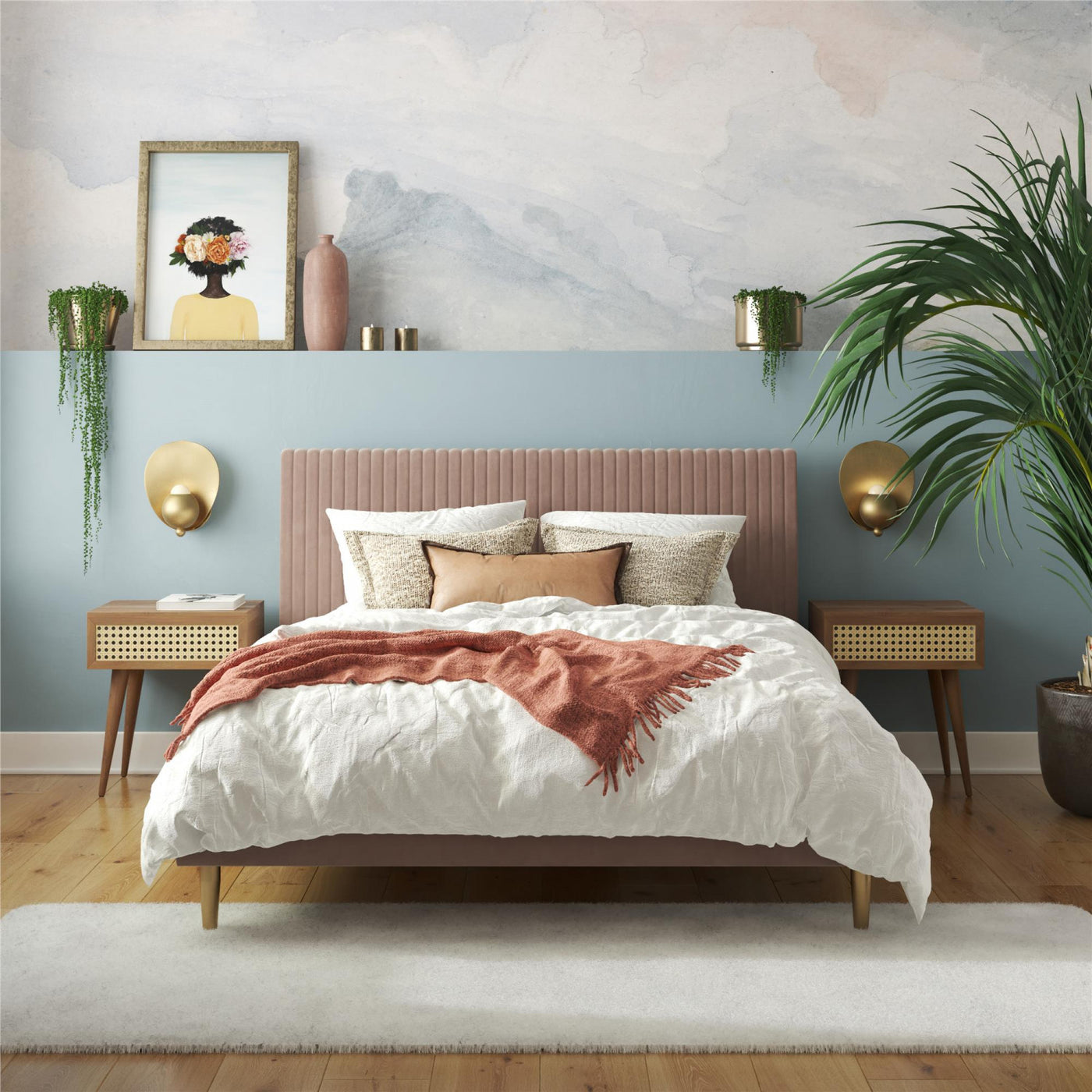 Daphne Upholstered Queen Bed - Blush Velvet