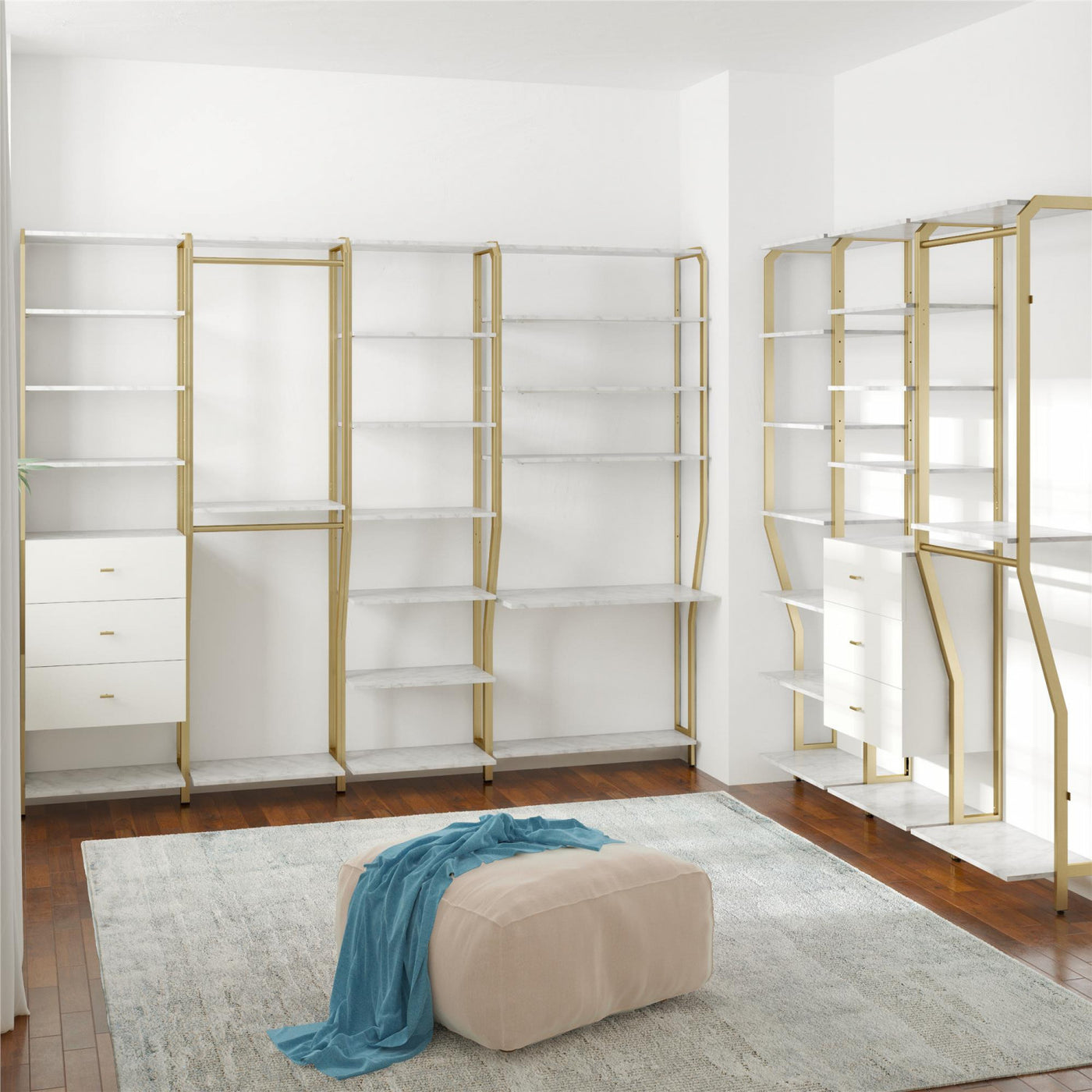 Gwyneth Closet with Hanging Rods - White Faux Marble/Golden Bronze