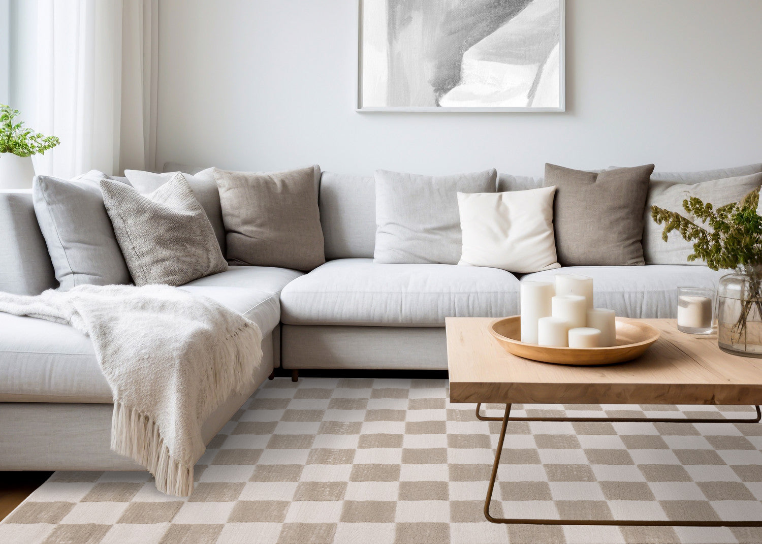 Logan Modern Checkered Area Rug - Beige Cream - 5' X 8'