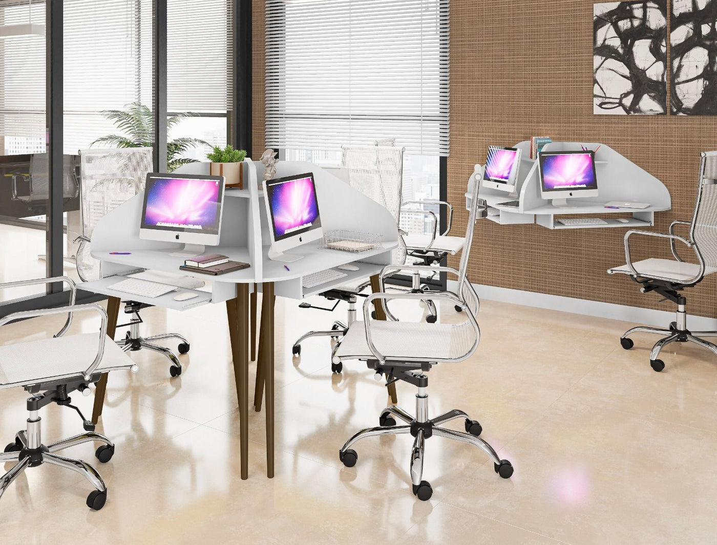 Gatutca Cubicle Section Desk with Keyboard Shelf Set of 4 - White