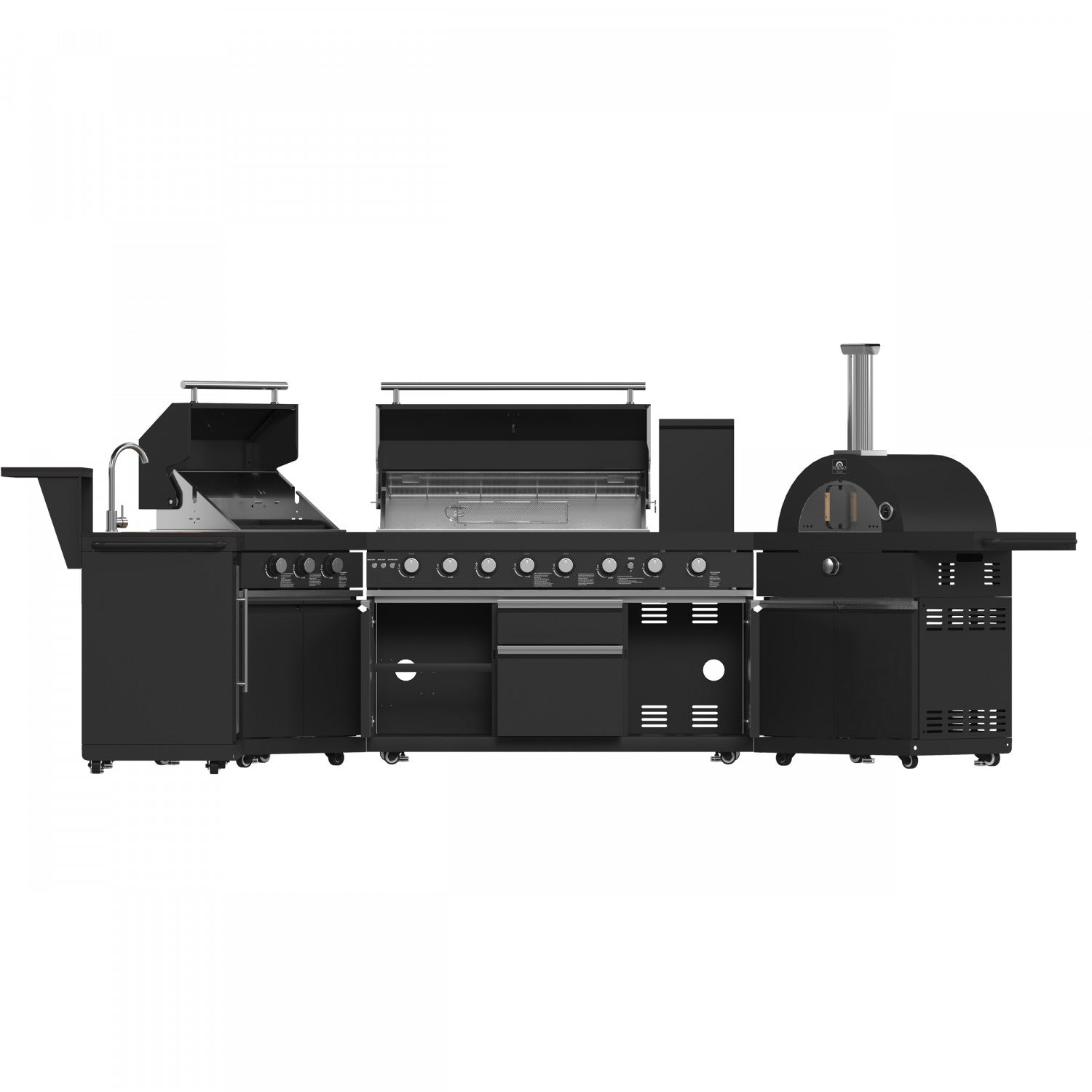 Forno All'Aperto Black Countertop Outdoor Kitchen with 86,600 BTU BBQ, 24" Plancha and 18" Pizza Oven - FODKT2568BLK
