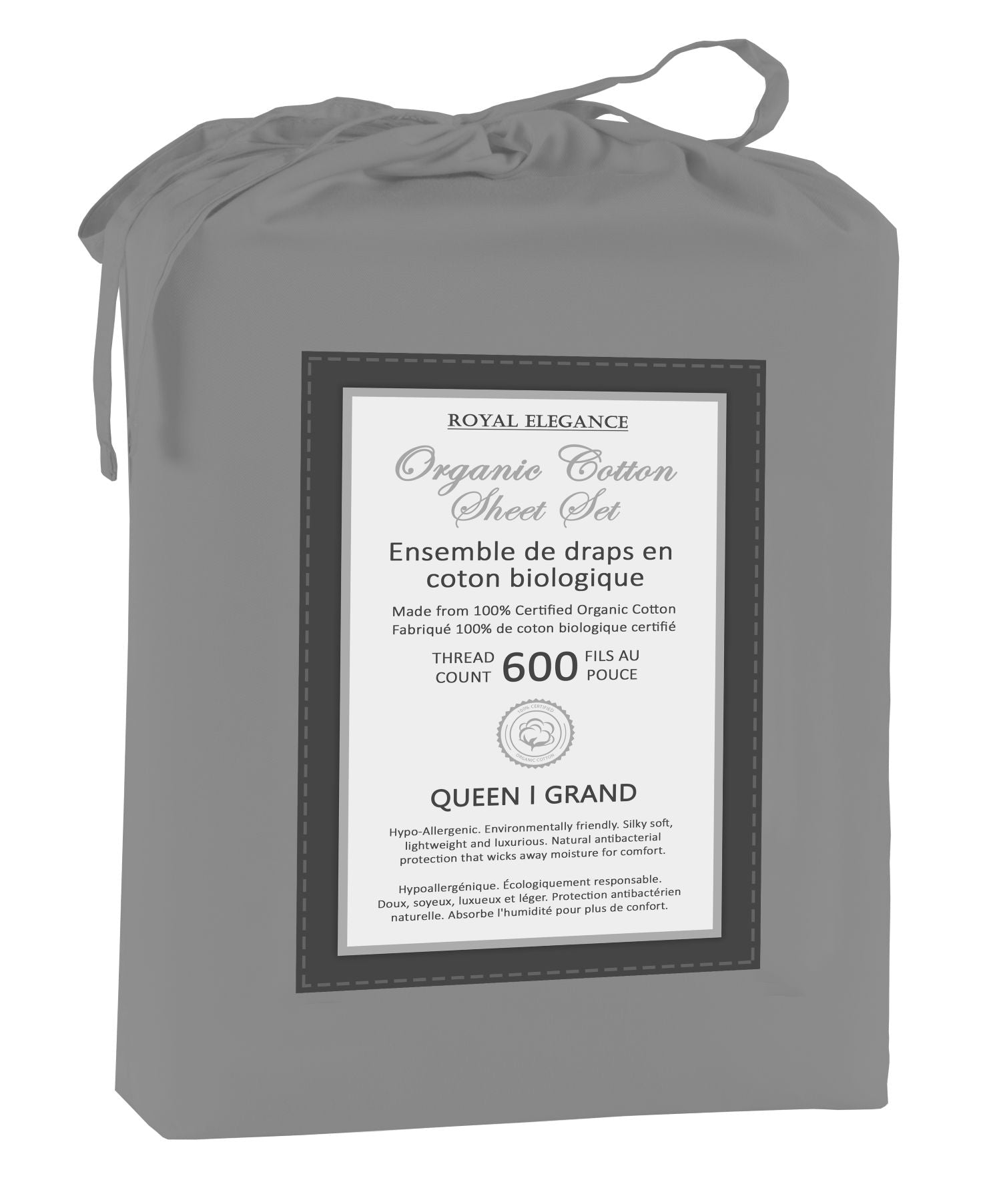 Cotton House 100% Organic Cotton Queen Sheet Set - 600 Thread Count Charcoal