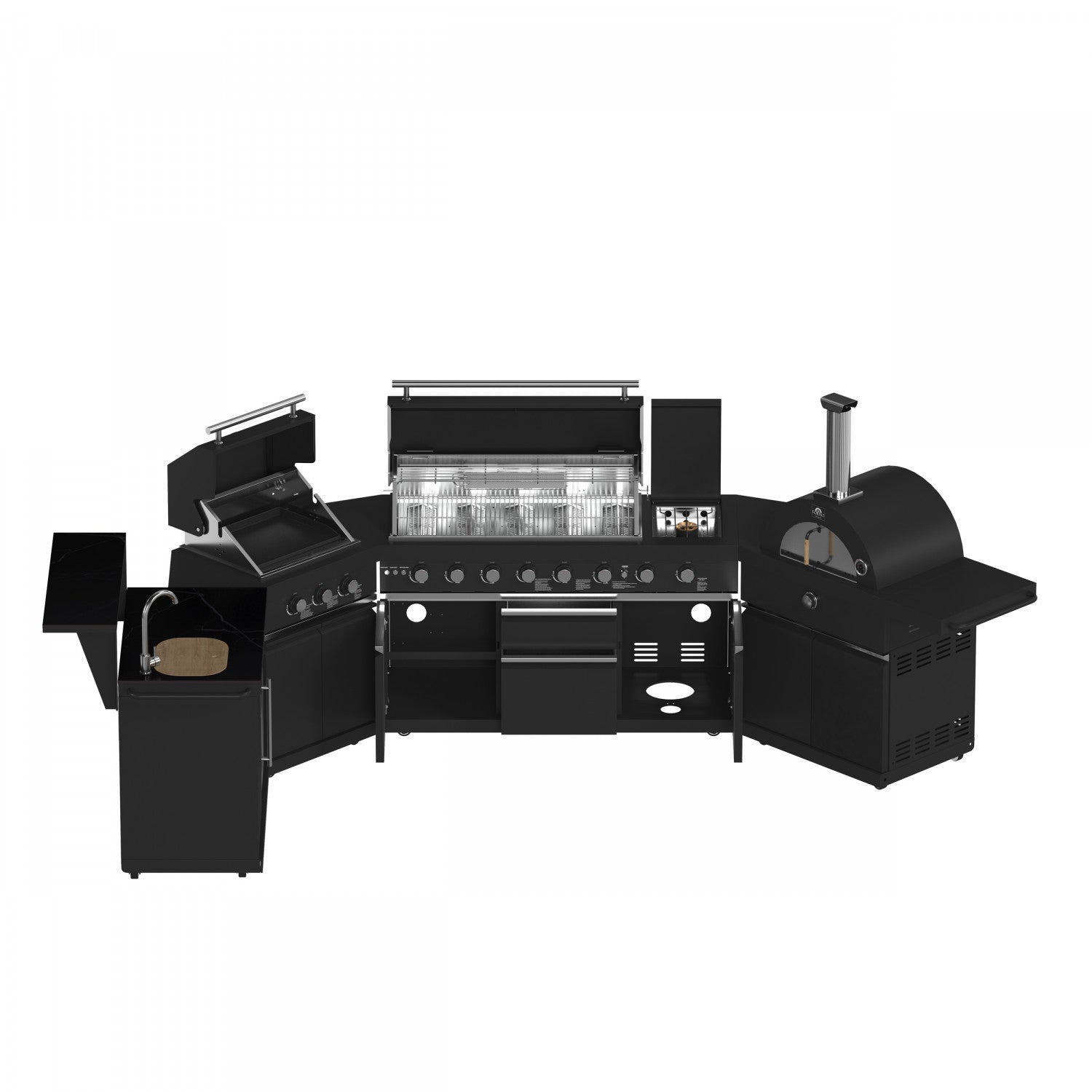 Forno All'Aperto Black Countertop Outdoor Kitchen with 86,600 BTU BBQ, 24" Plancha and 18" Pizza Oven - FODKT2568BLK