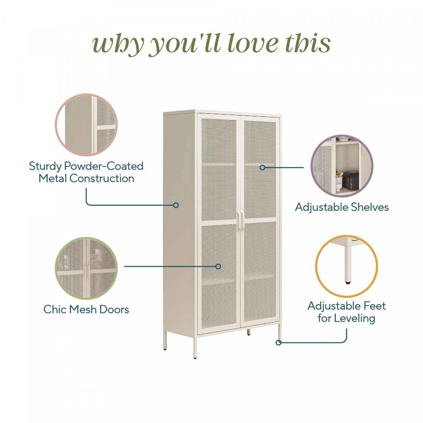 Channing Tall 2 Door Storage Cabinet with Mesh Metal - Kelly Green