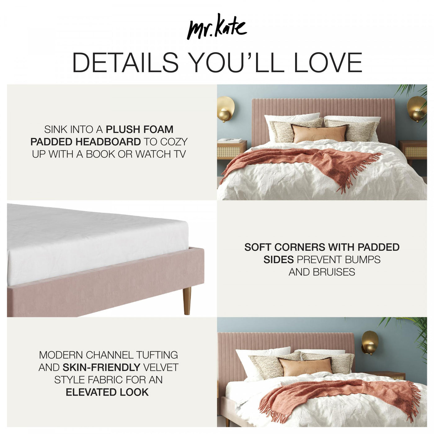 Daphne Upholstered Queen Bed - Blush Velvet